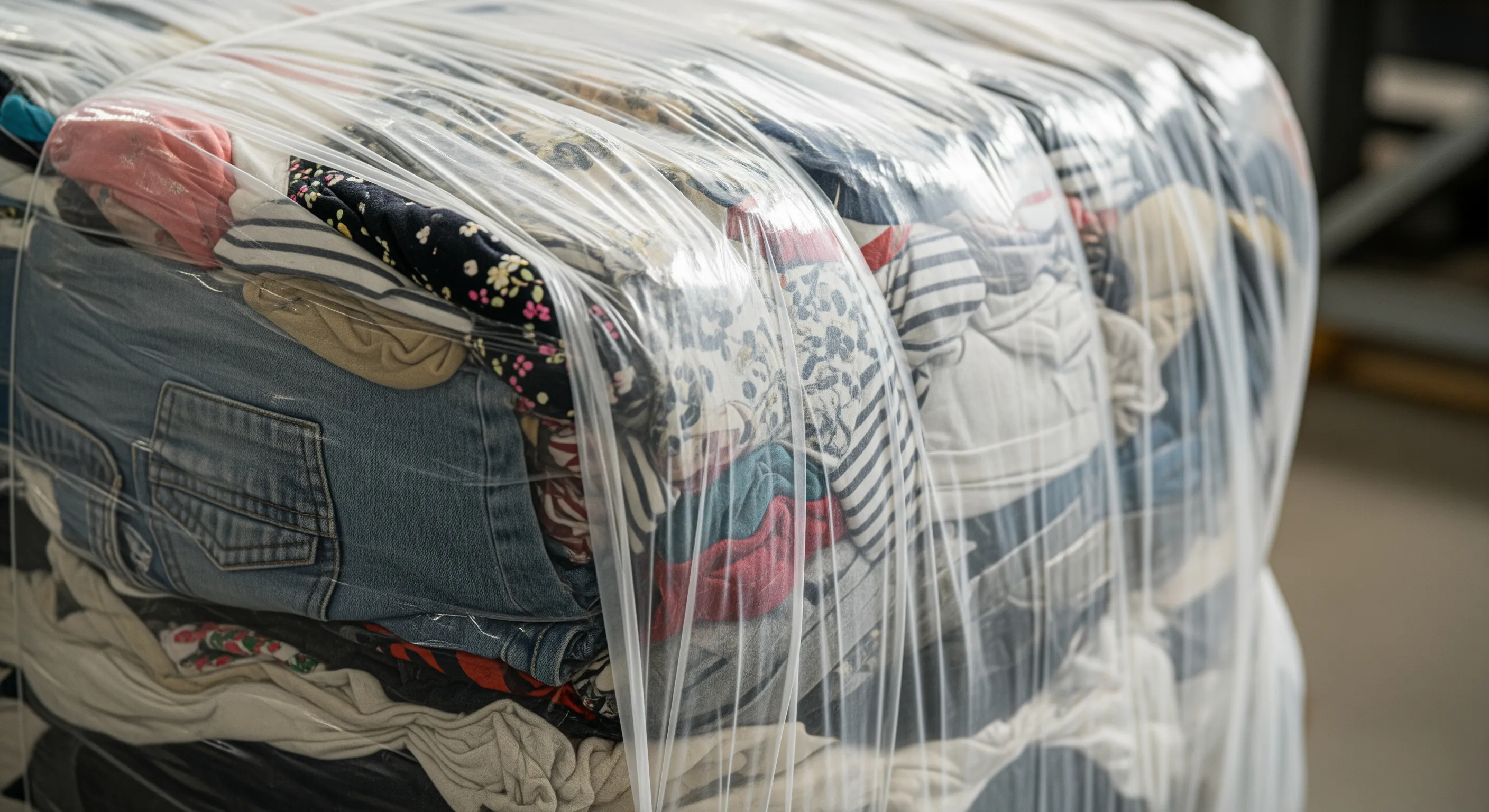 Close-up of a tightly compressed bale of bulk clothing stock with textures visible inside wrapping in a commercial warehouse.