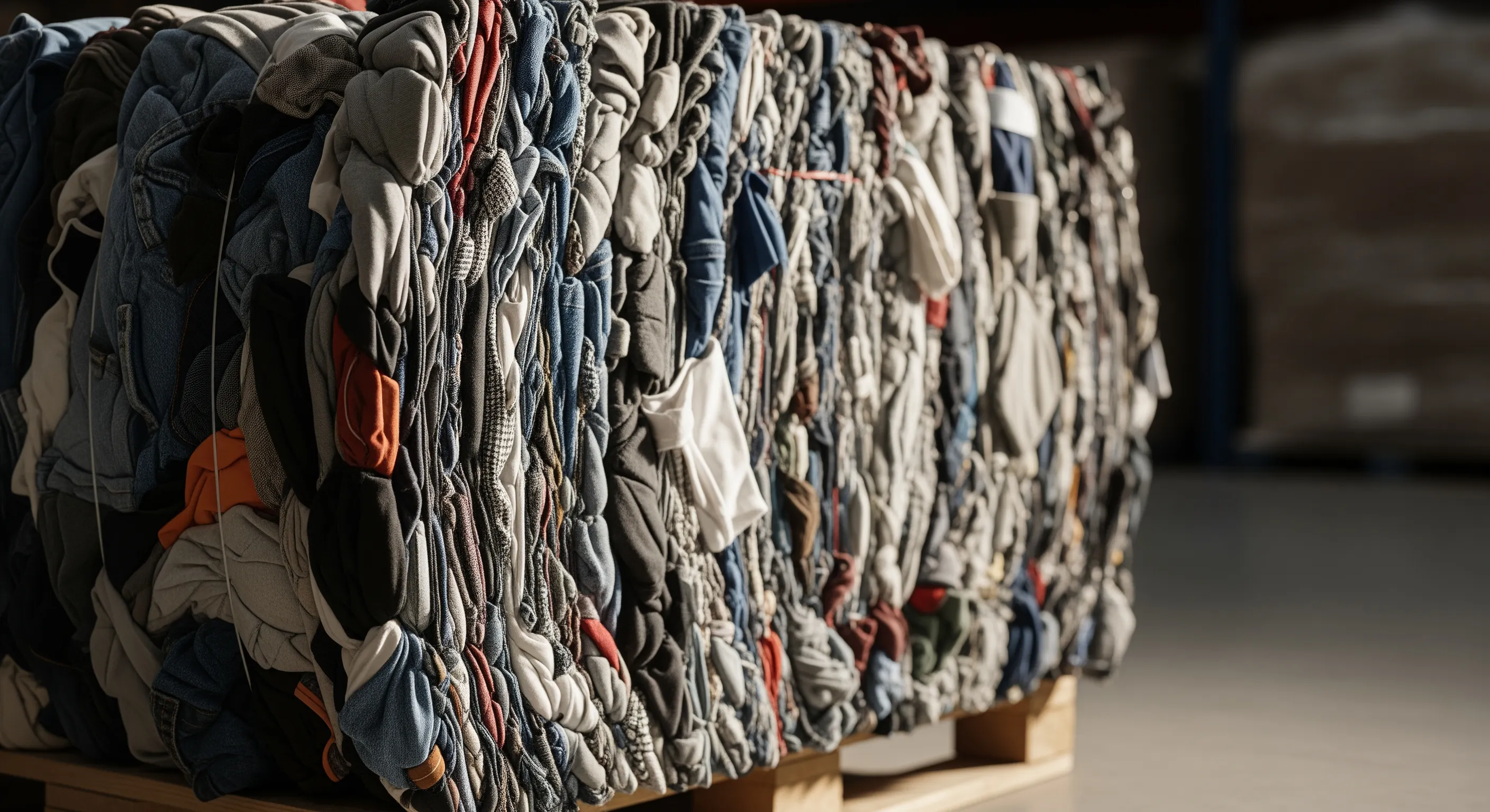 Close-up of a tightly packed bale of mixed fabric showing texture details in a bright, orderly warehouse environment
