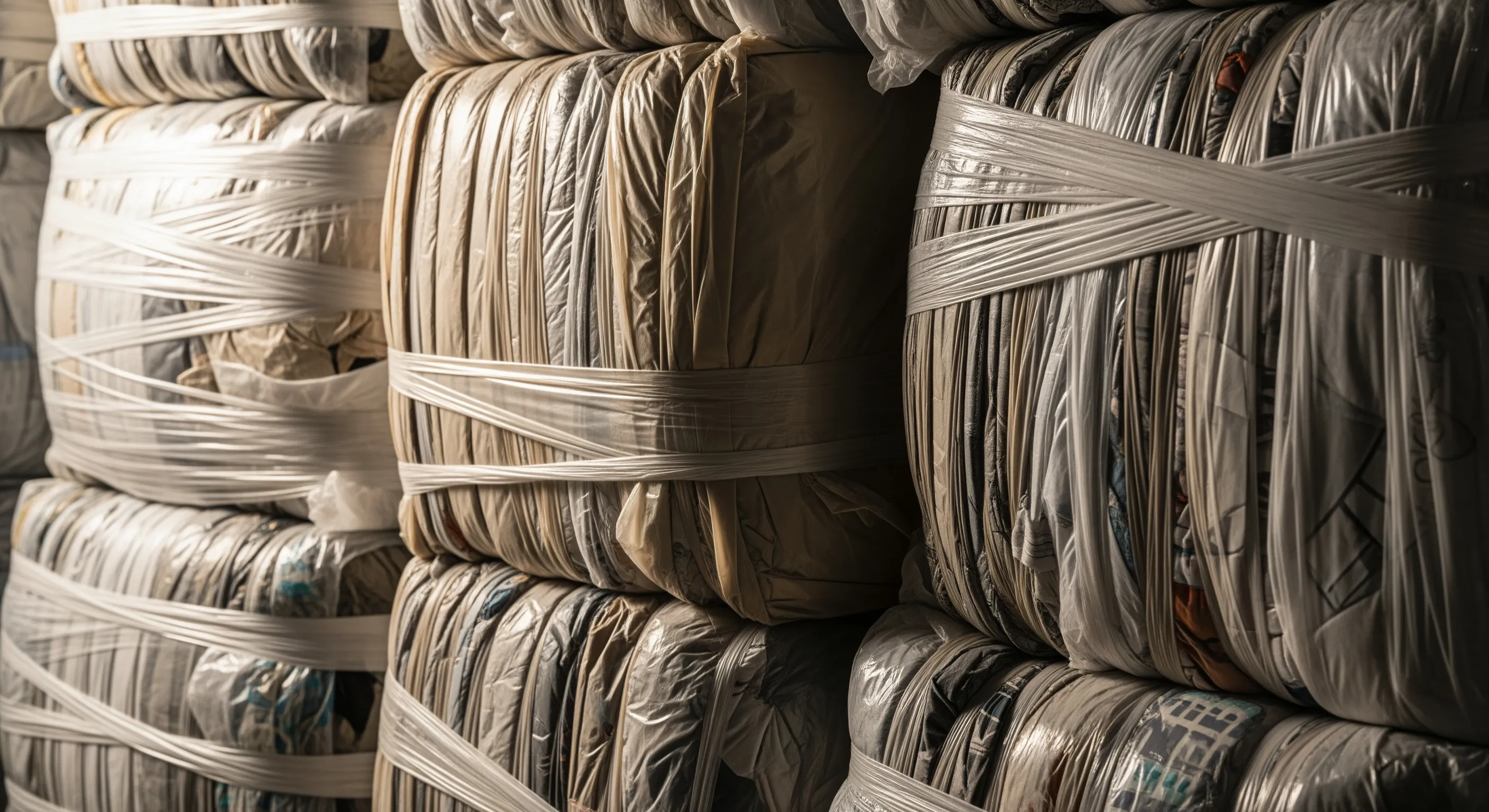Close-up of compressed wholesale bales of used garments wrapped in neutral plastic inside a bright warehouse