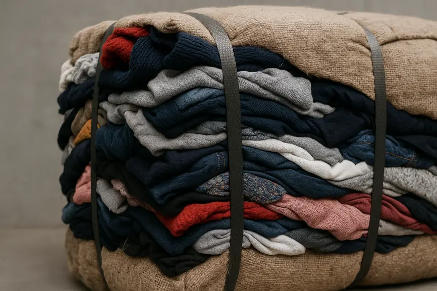 Close-up detail of fabric textures in a compressed bale showcasing variety in wholesale second-hand clothing