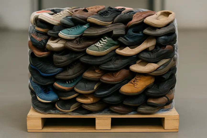 Close-up of a tightly wrapped bale showing various used shoes compressed together for wholesale.