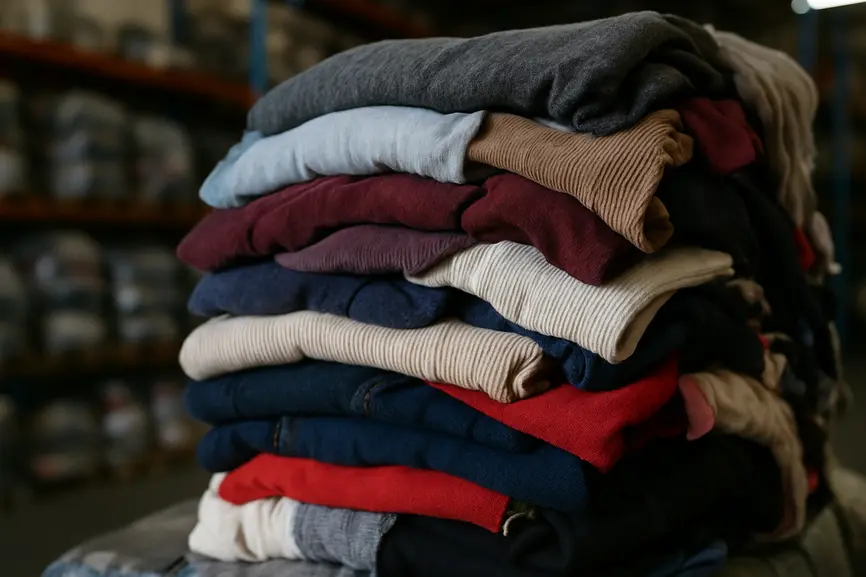 Close-up showing texture and fabric quality of bulk used clothes in an open bale at a wholesale supplier.