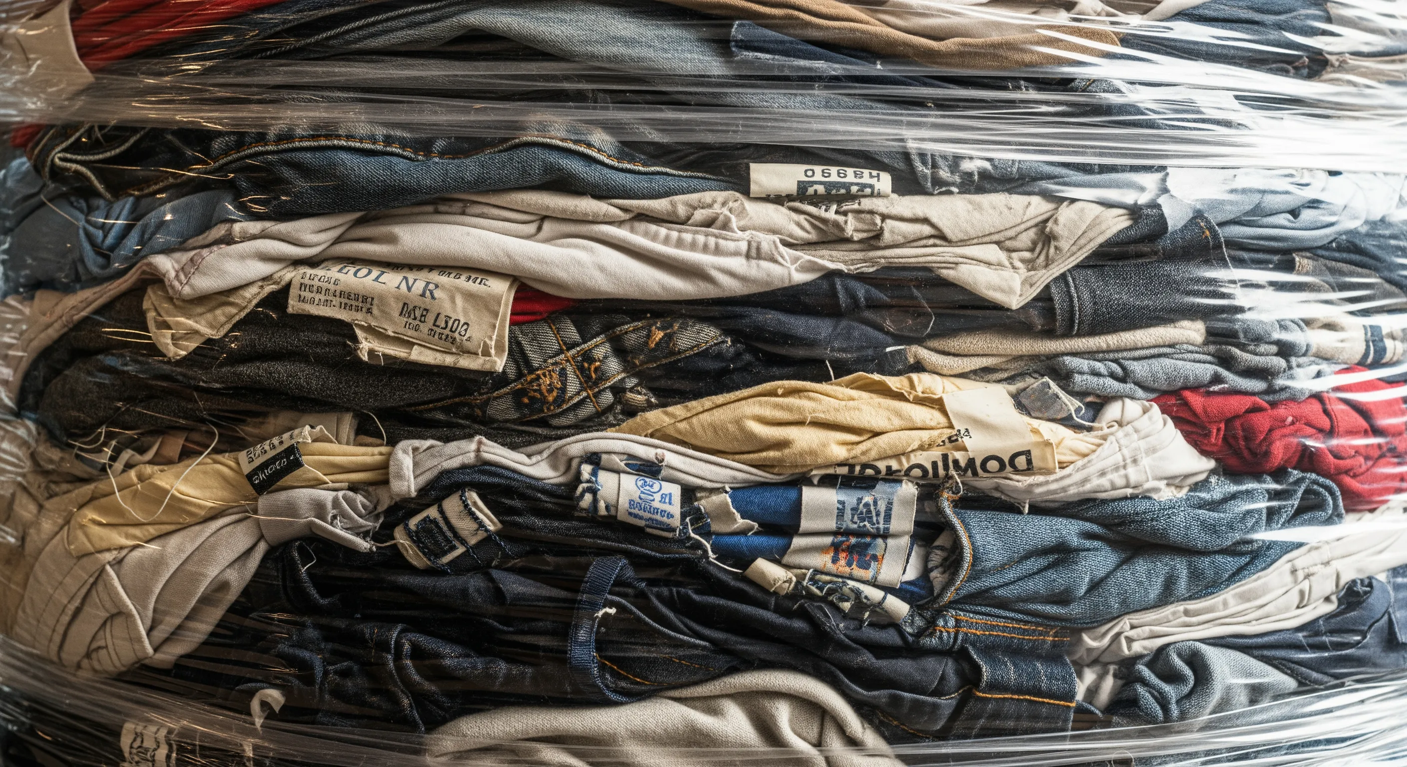 Close-up of fabric and clothing textures visible inside a tightly wrapped bale of used apparel stock.