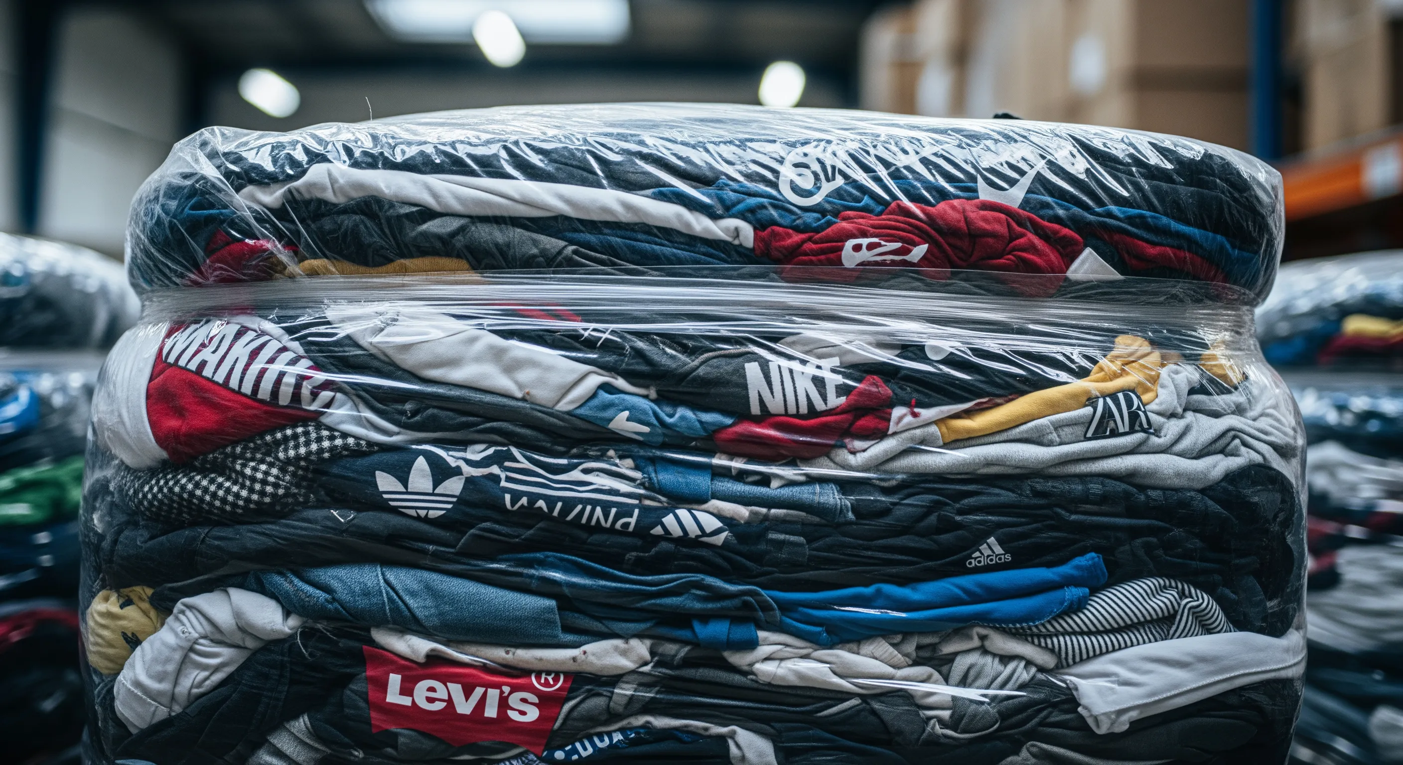 Close-up of a compressed bale of branded second hand clothes wrapped in plastic, highlighting fabric textures and packaging quality.