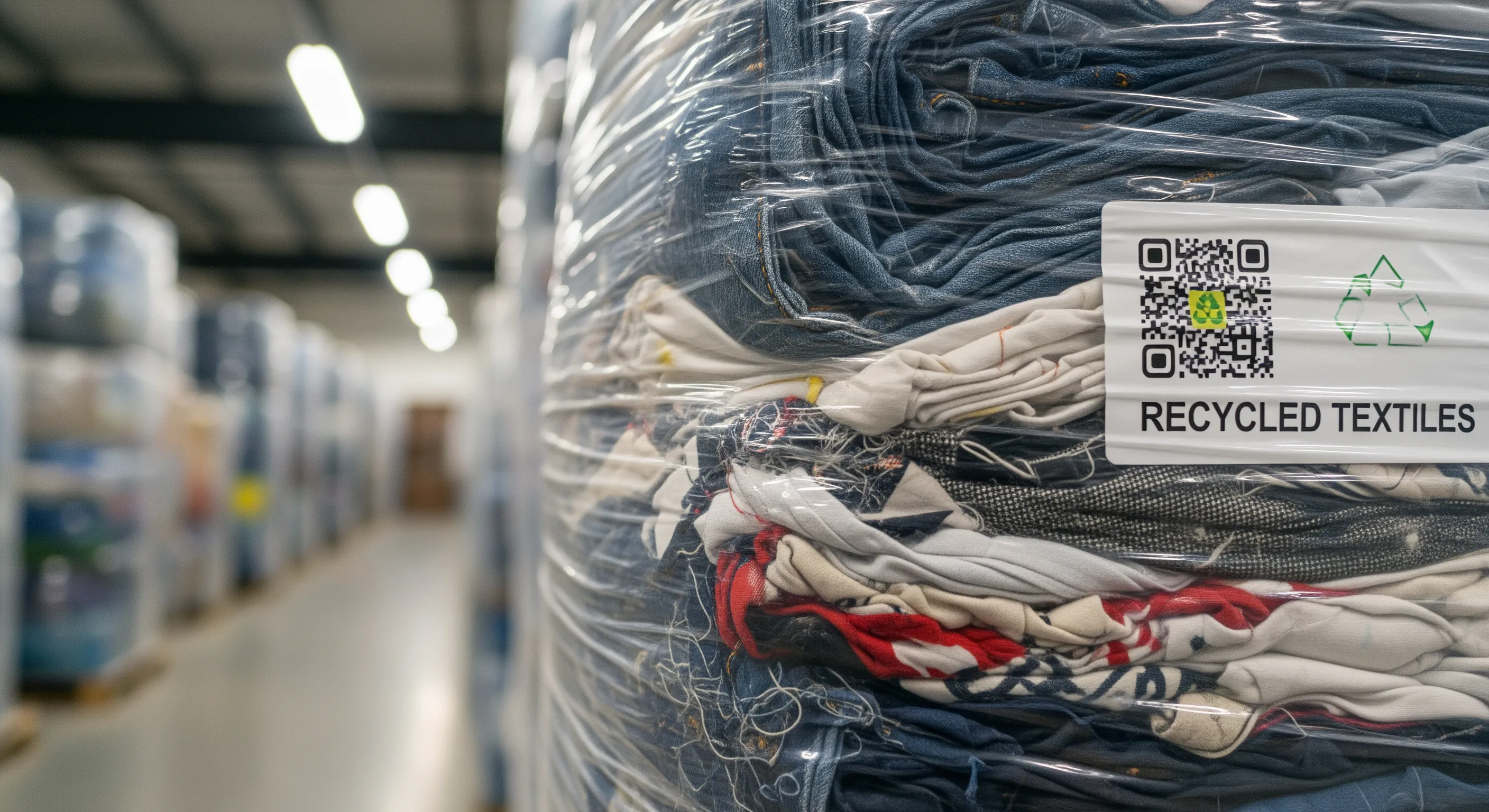 Close-up showing detailed fabric textures through transparent wrapping on a large bale of used clothing in a clean industrial warehouse.
