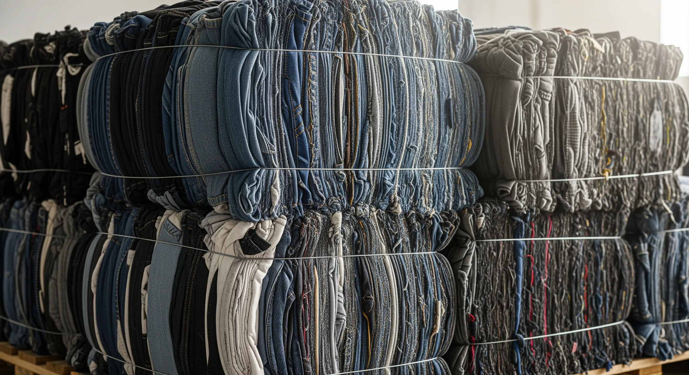 Close-up of tightly wrapped bales of used clothing showing fabric textures and stitching in a neat industrial environment
