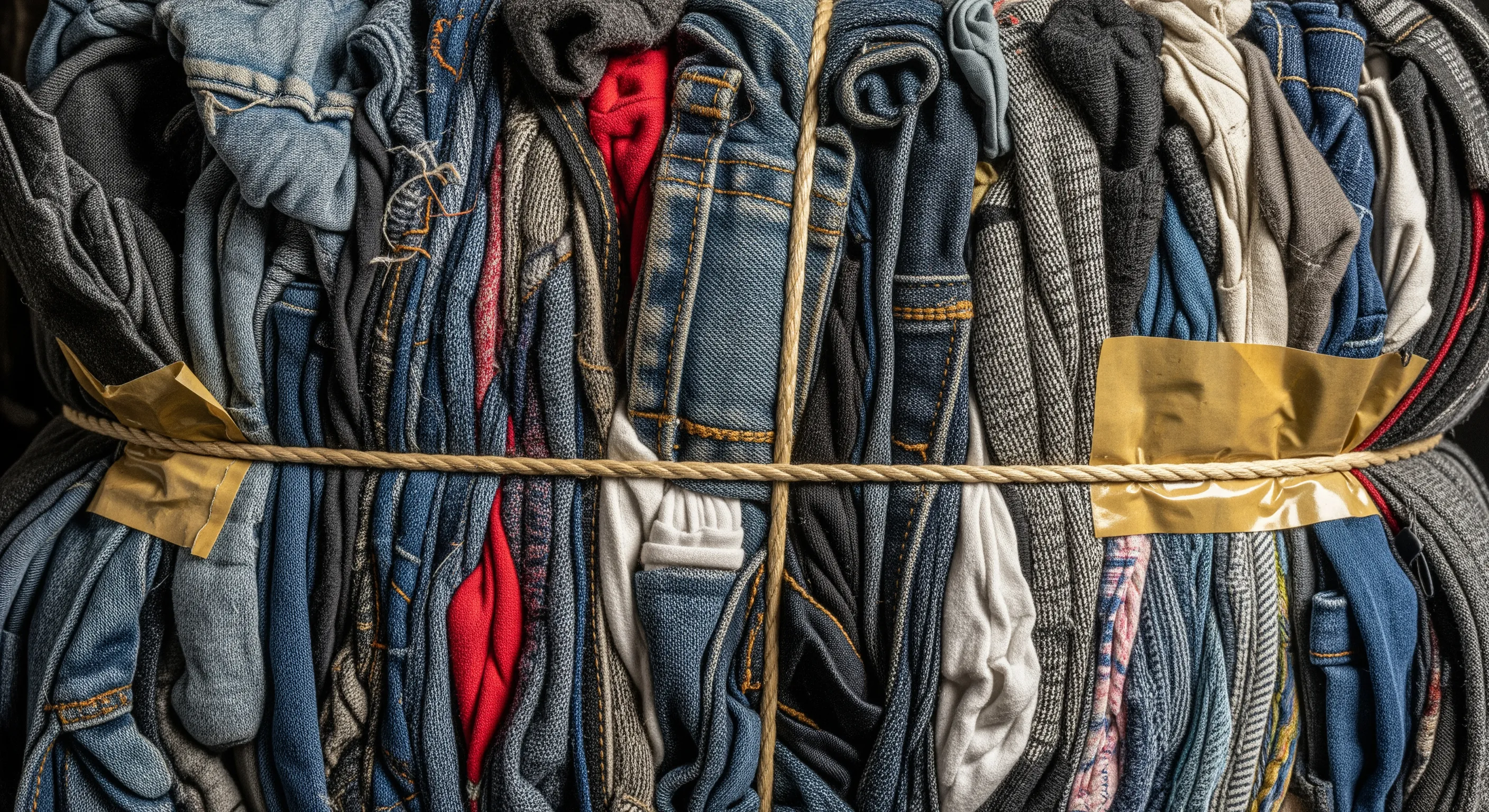 Close-up view of colorful compressed second hand clothes tightly bound into a large bale with detailed textile textures