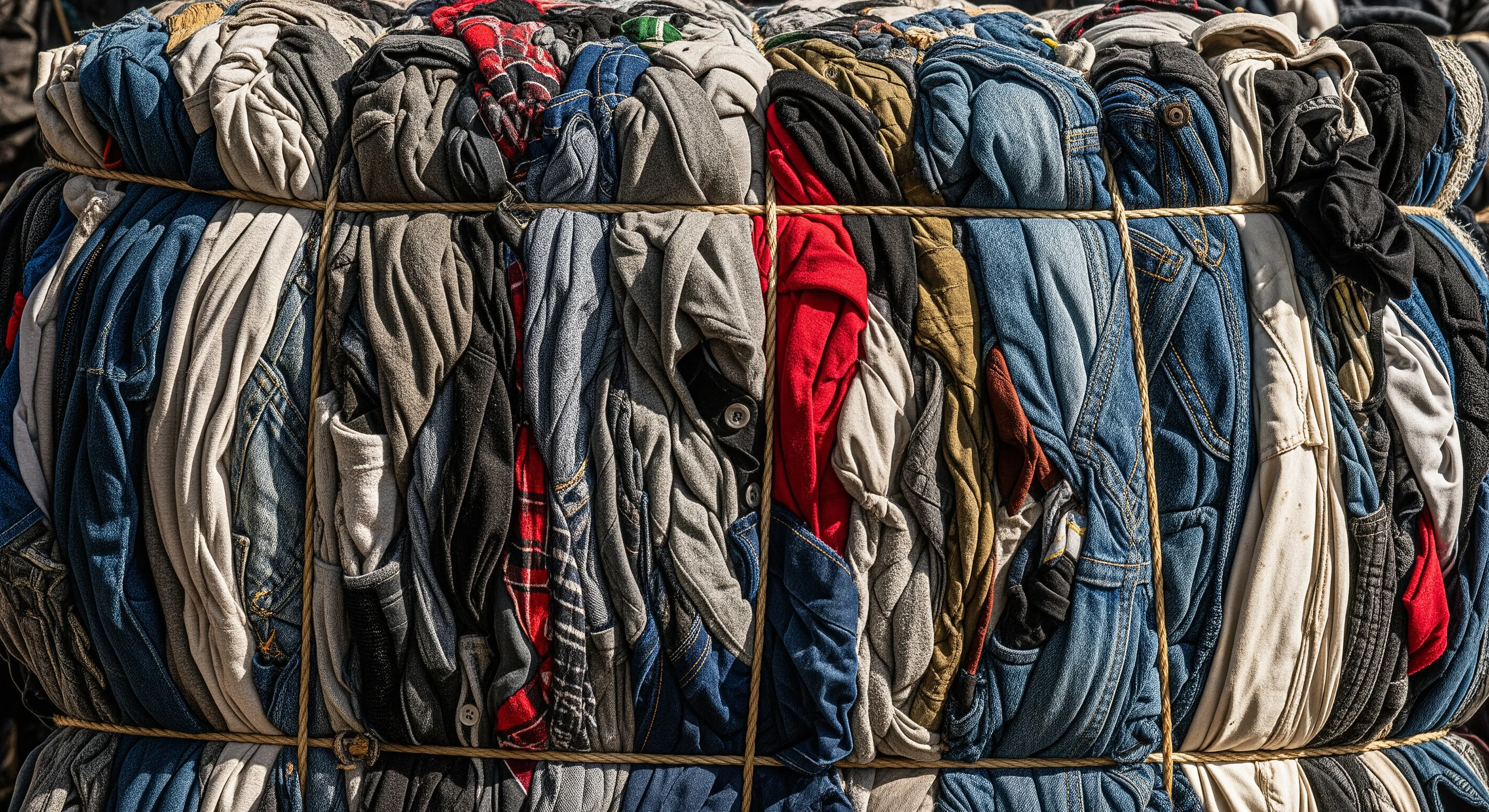 Close-up of a tightly bound bale of assorted used garments showing fabric textures and bulk packaging.