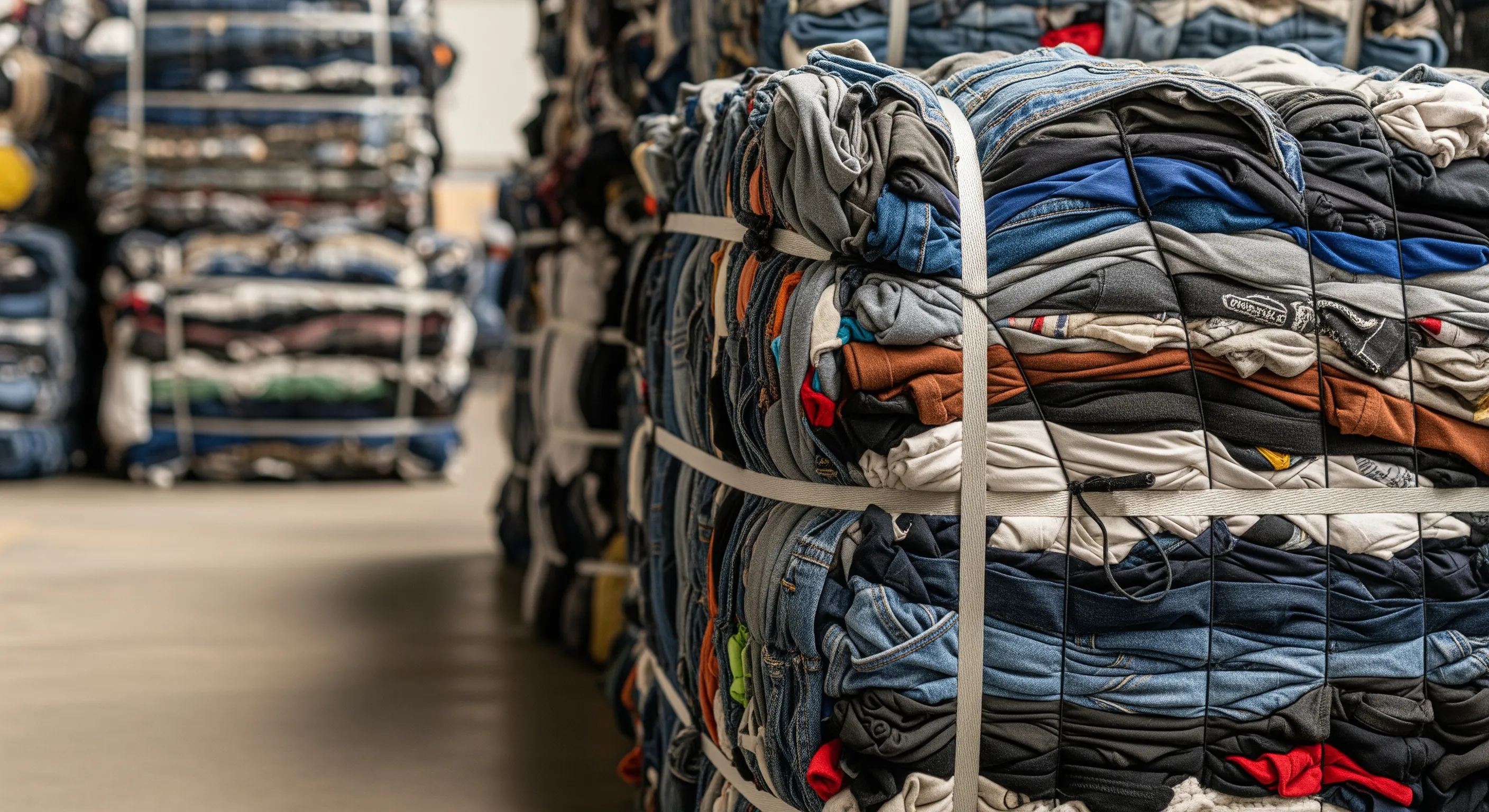 Detailed close-up of straps binding compressed bundles of used clothing inside a bale, highlighting fabric textures in a warehouse setting.