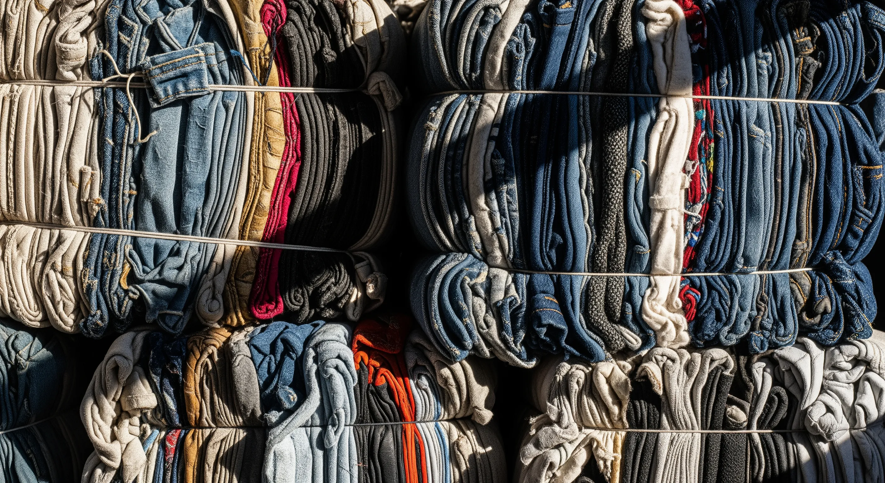 Close-up of compressed bales containing various second hand textiles, showing fabric texture and bale bindings