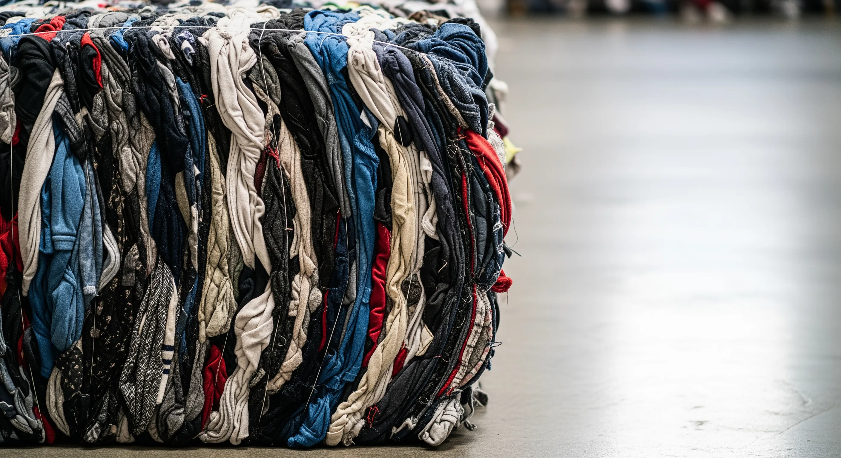 Close-up detail of tightly compressed second hand clothes in a large bale on a polished warehouse floor