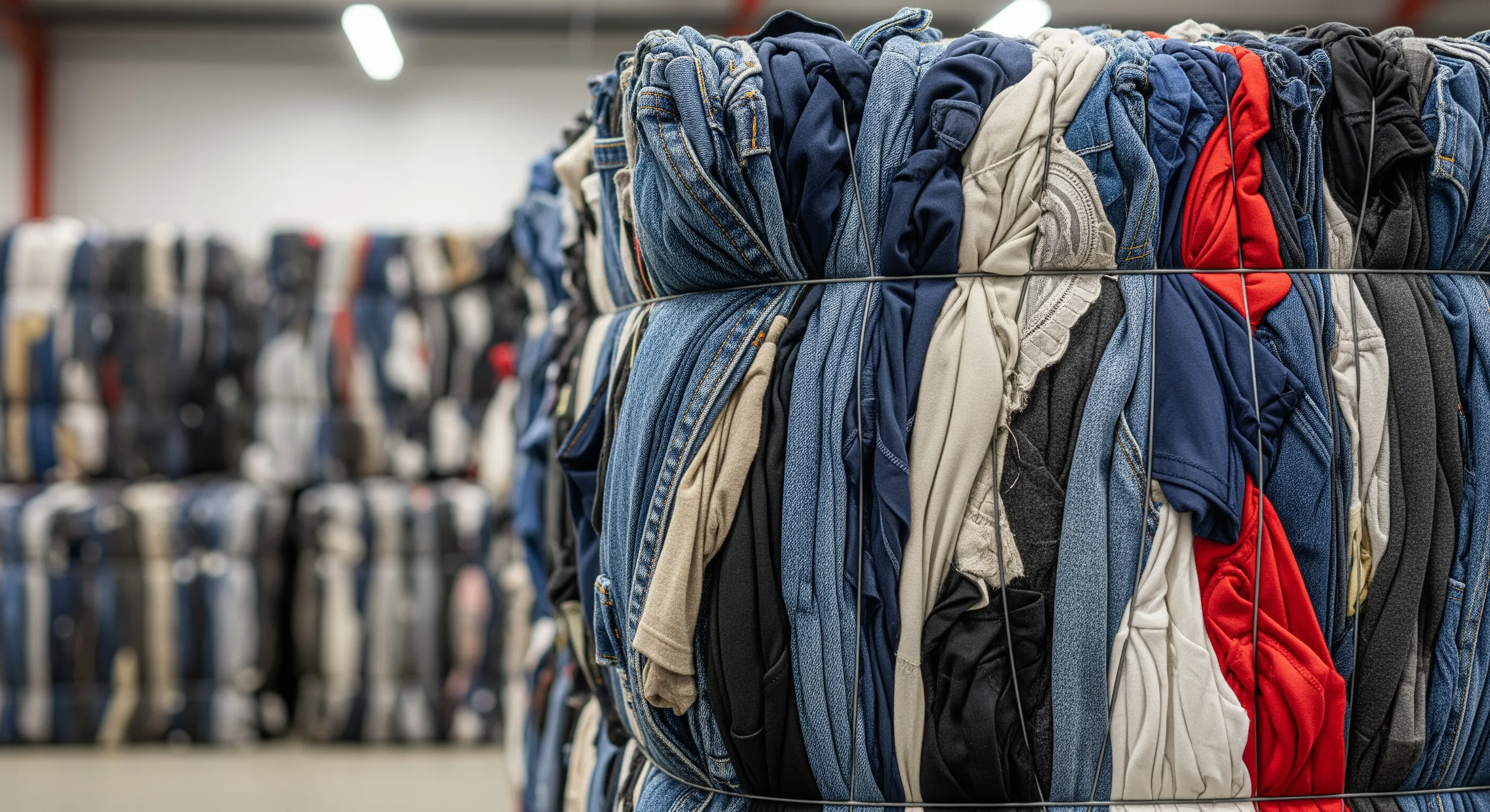 Close-up of a large compressed bale of mixed second-hand clothes bound by metal wires inside a clean warehouse