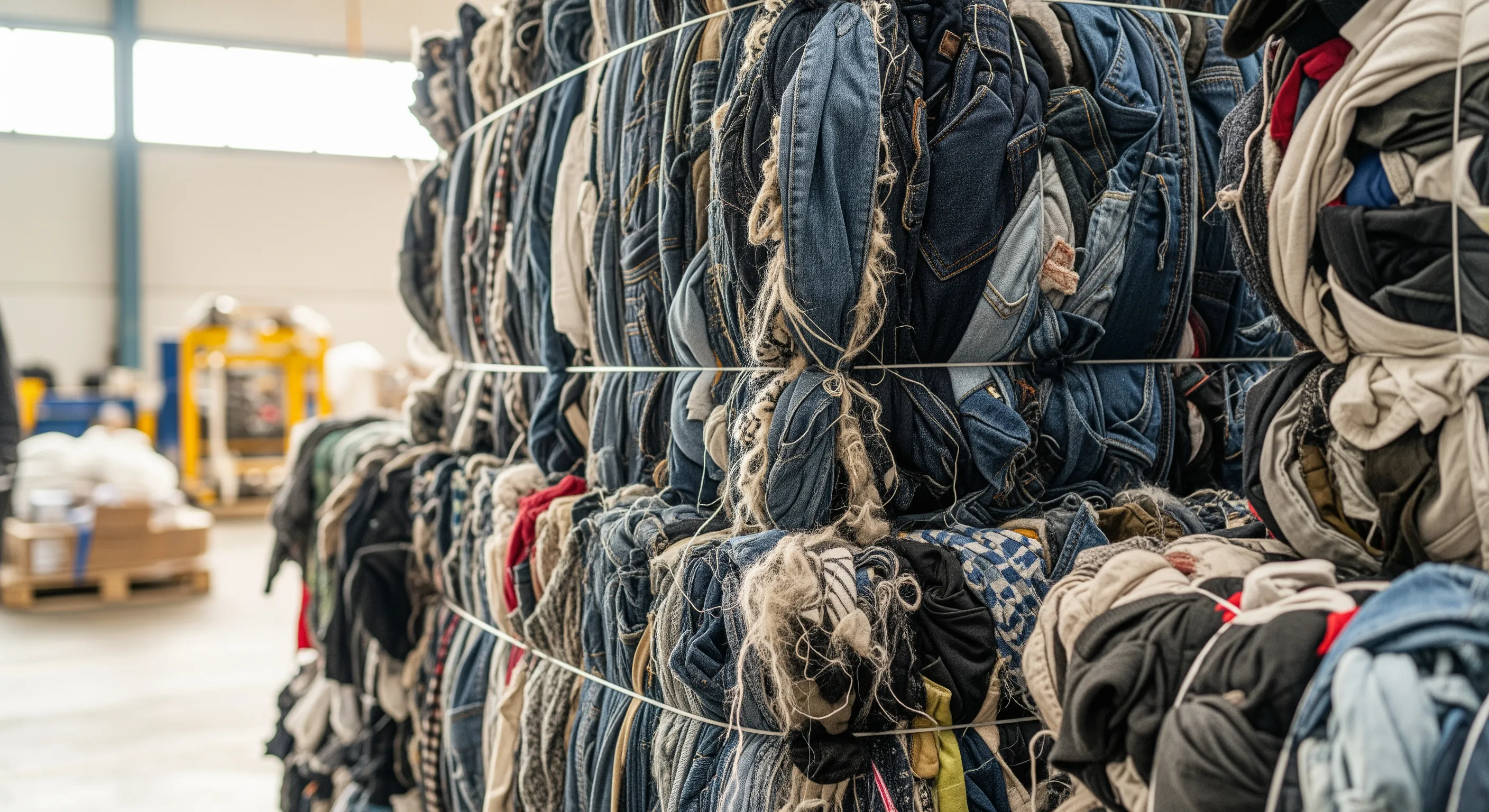 Close-up of compressed bales of mixed used clothing showing detailed fabric texture in a clean industrial space