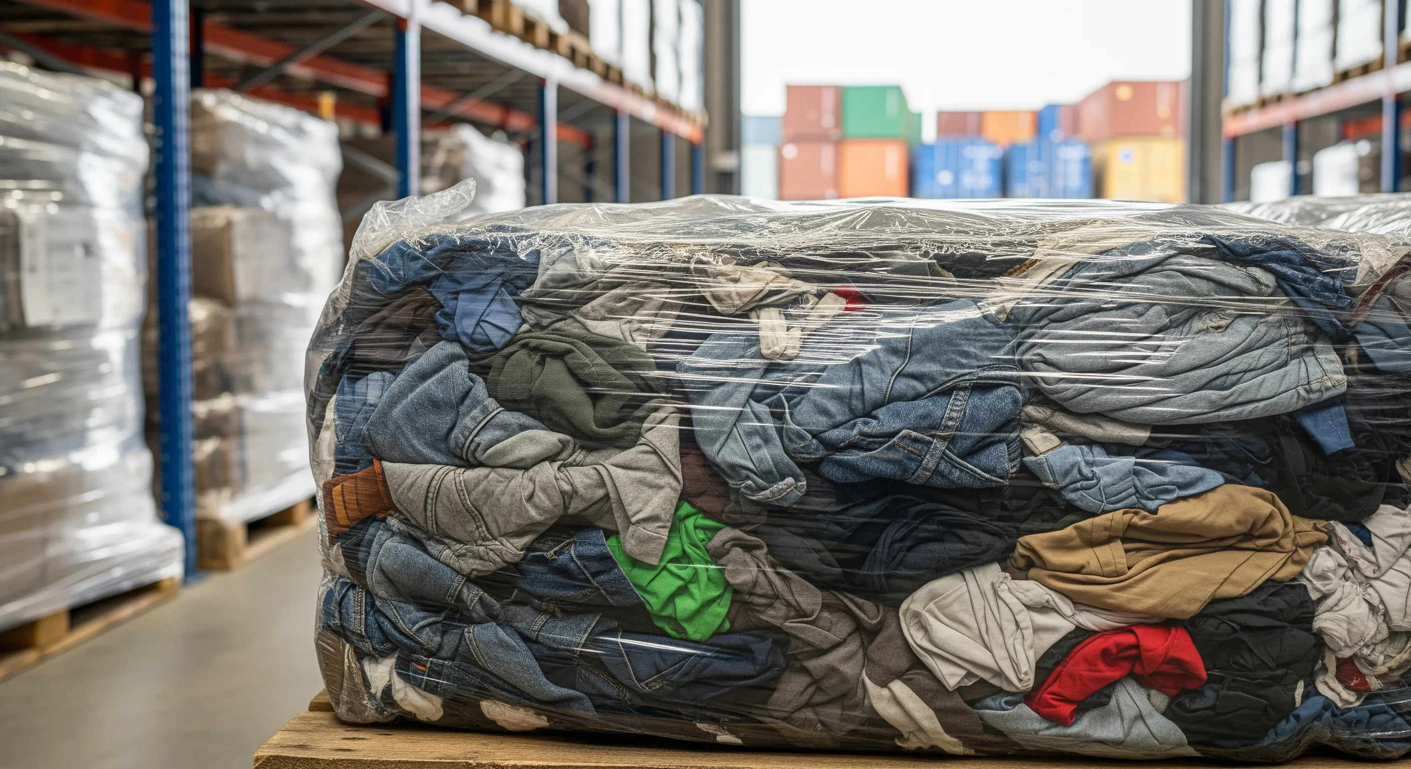 Detailed close-up of a sealed bale showing colorful secondhand apparel fabrics compressed and wrapped for European wholesale trade