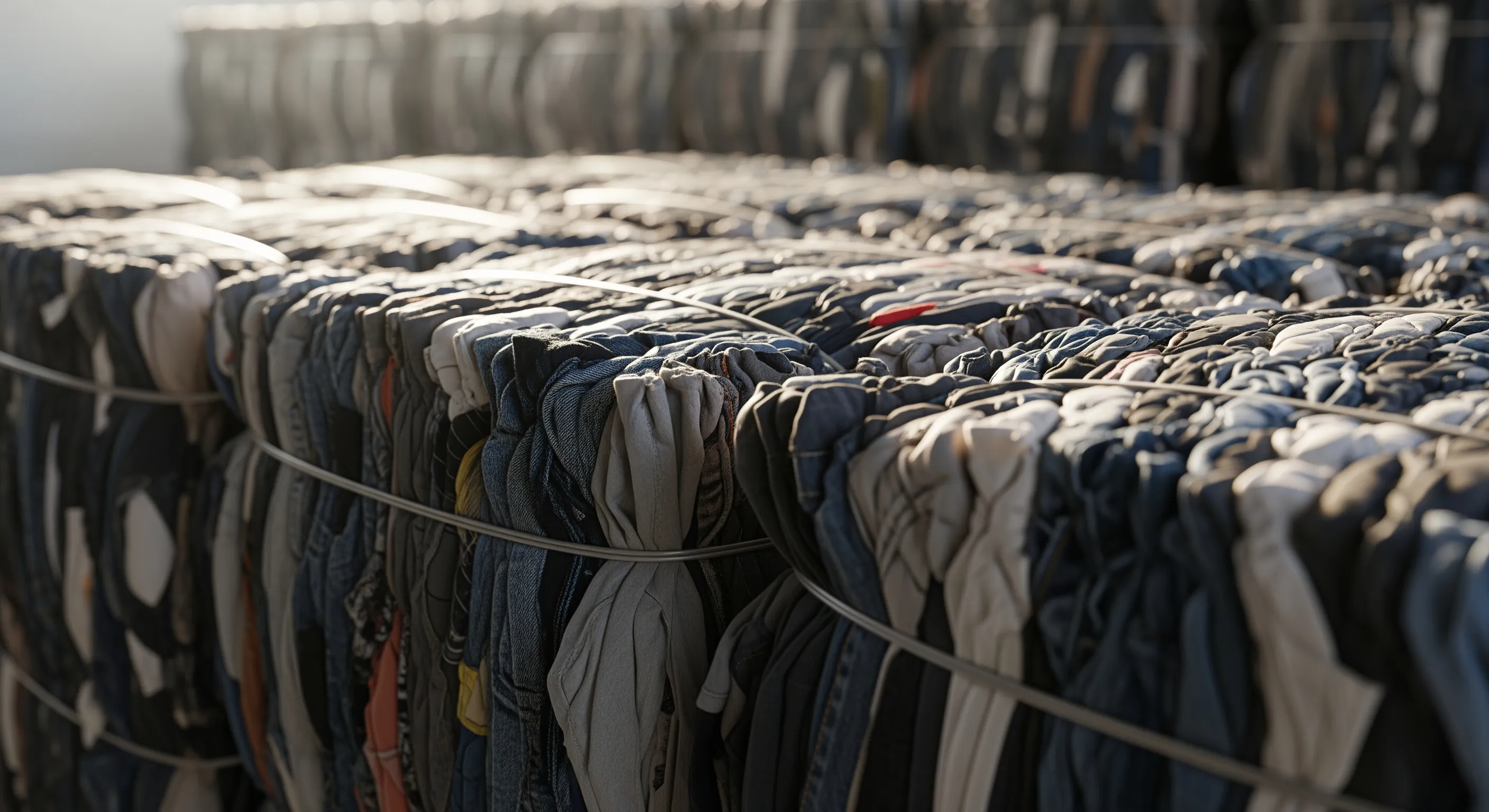 Close-up detail of fabric texture on compressed bale of used clothing for wholesale use