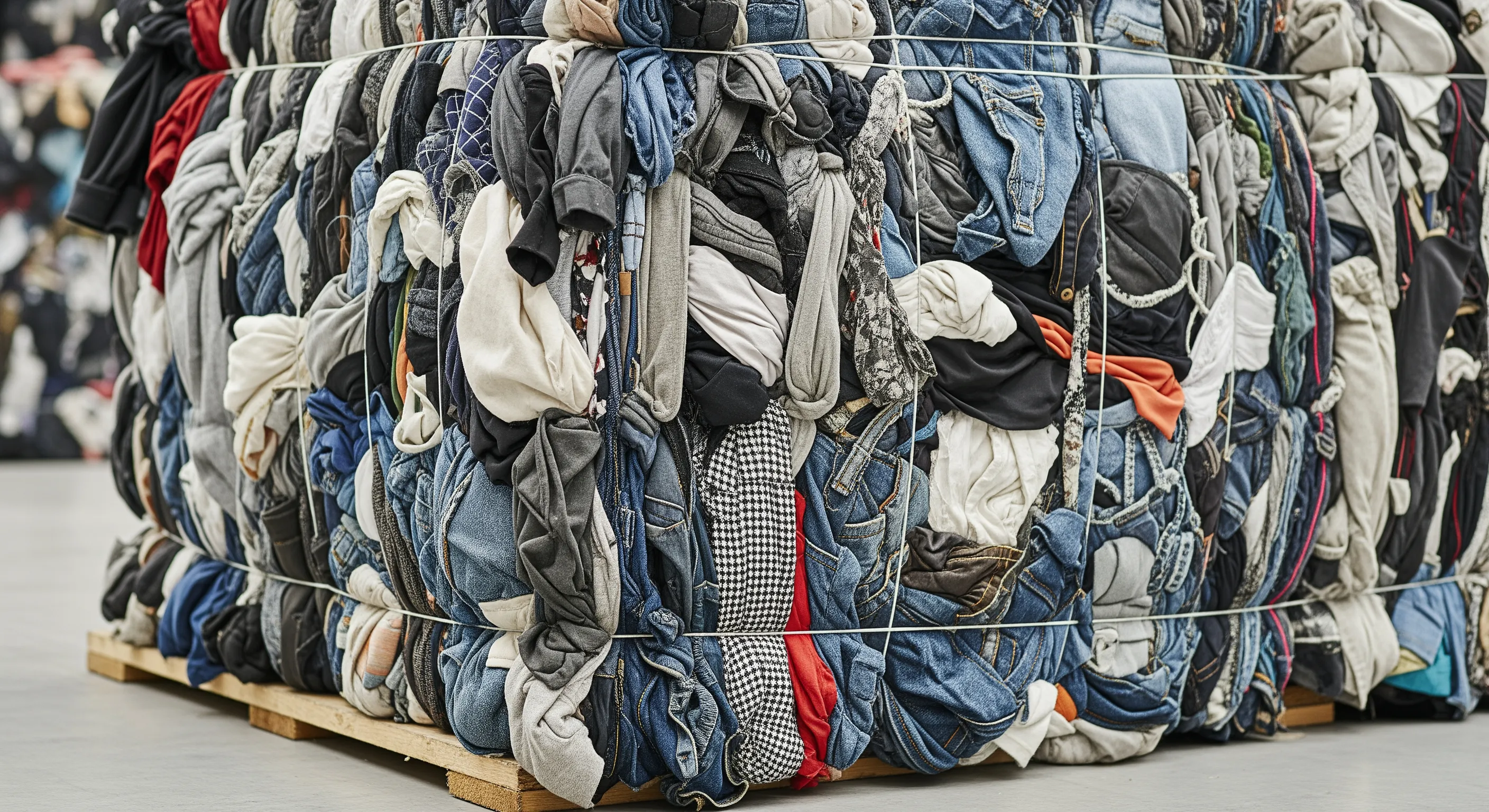 Close-up of compressed mixed fabric layers in a large bale of used clothing on a pallet in a polished industrial setting