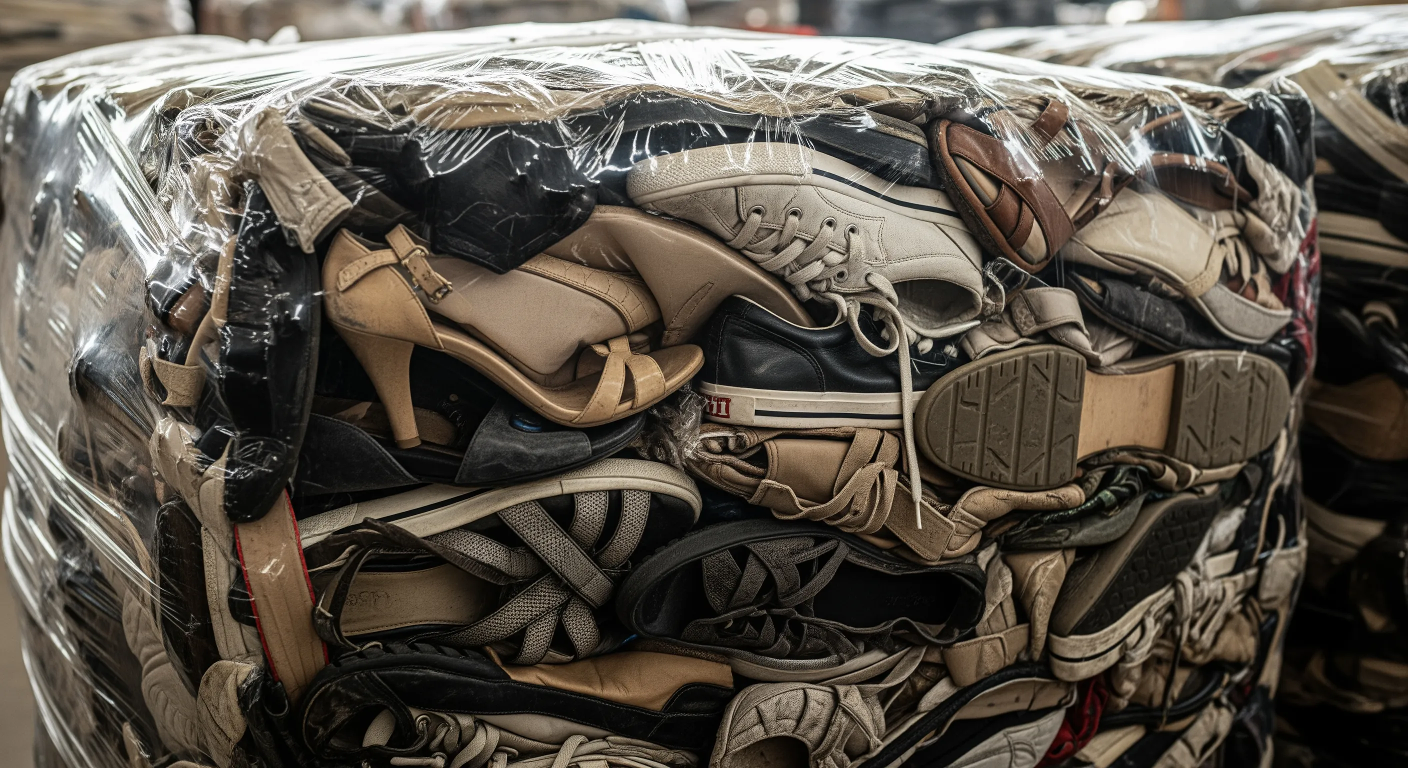 Close-up view of a tightly packed bale containing assorted second-hand shoes compressed and wrapped for wholesale supply.