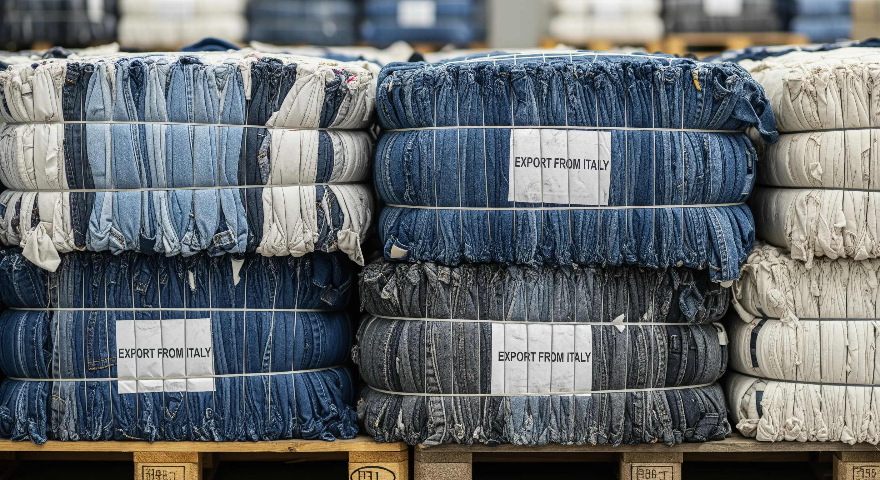 Close-up of large tightly wrapped second-hand clothing bales showing detailed fabric texture and binding straps