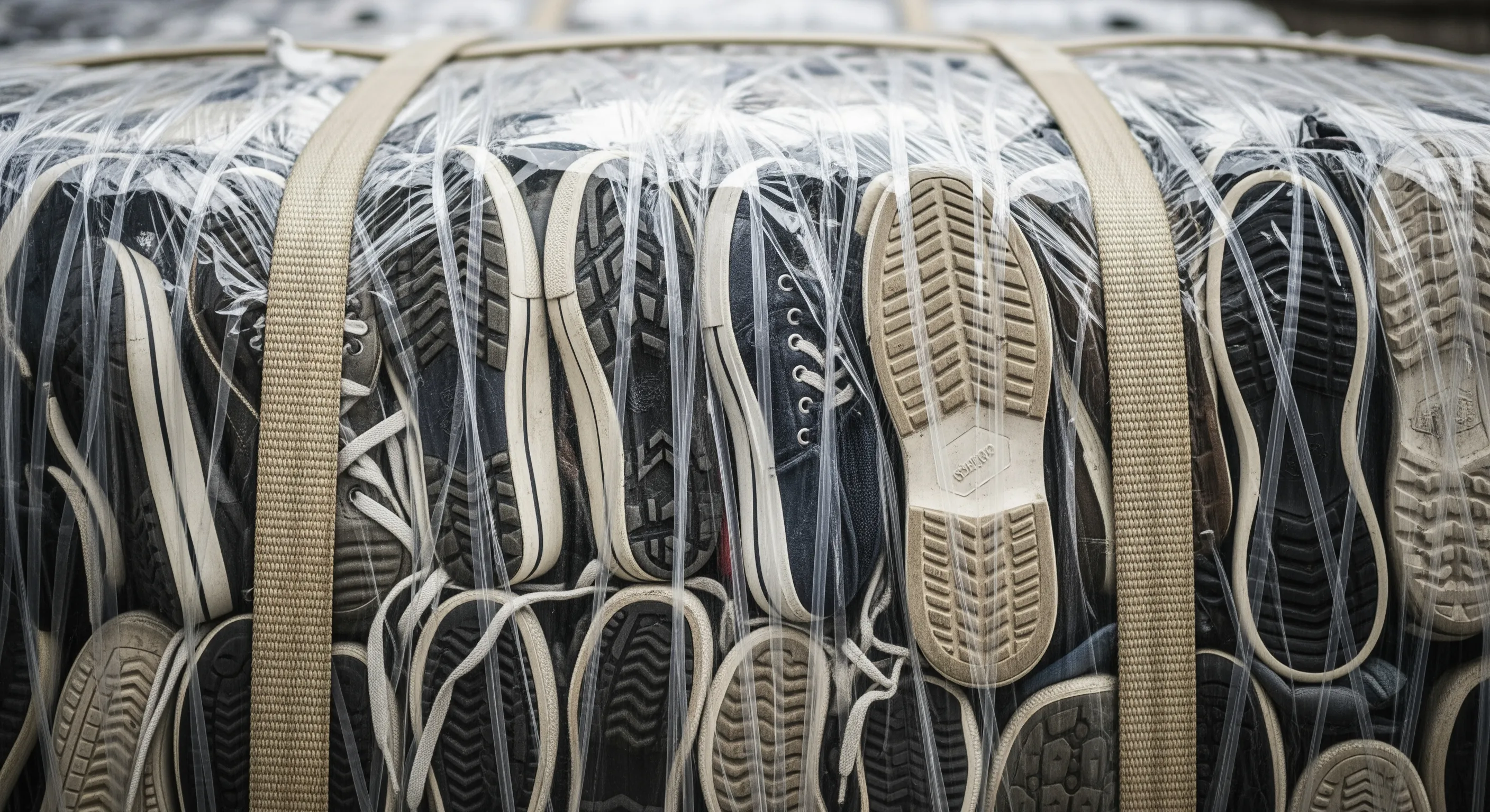 Close-up of a tightly wrapped bale showing compressed used shoes inside, highlighting texture and quality of wholesale used shoes packaging