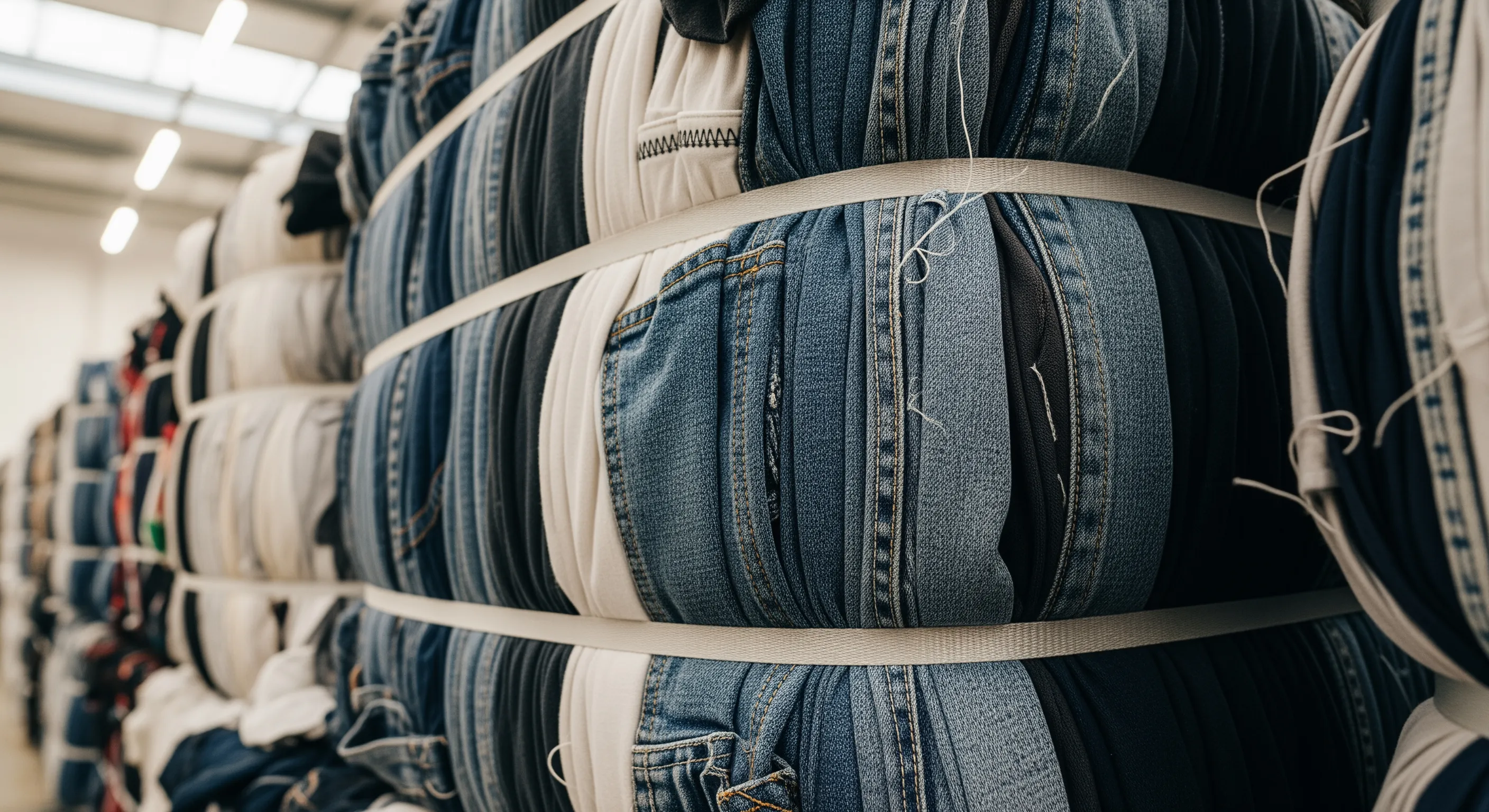 Close-up of textured fabric and straps on a tightly packed bale of second-hand clothes in a wholesale warehouse