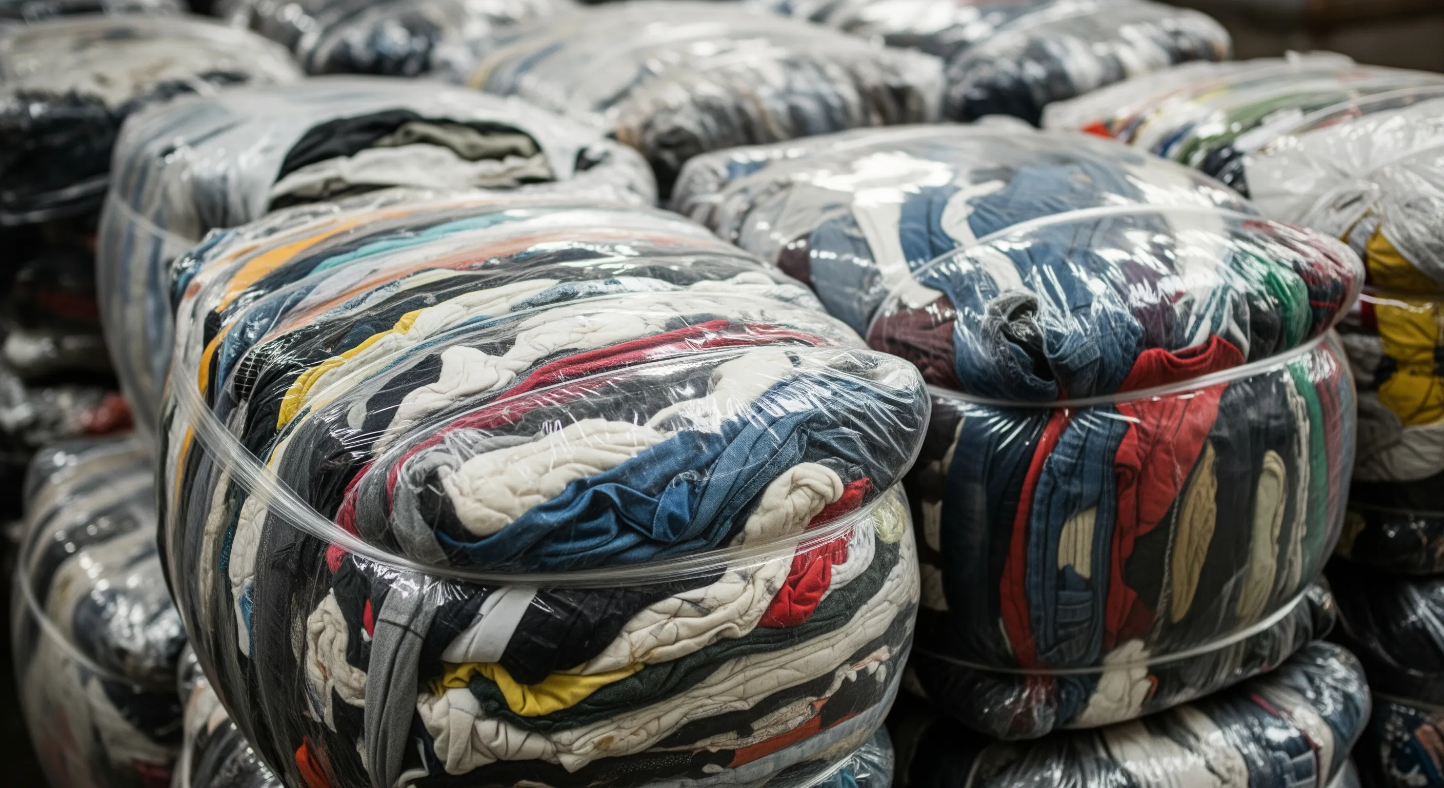 Close-up of compressed bales of bulk second-hand clothing wrapped tightly, showing textile textures clearly