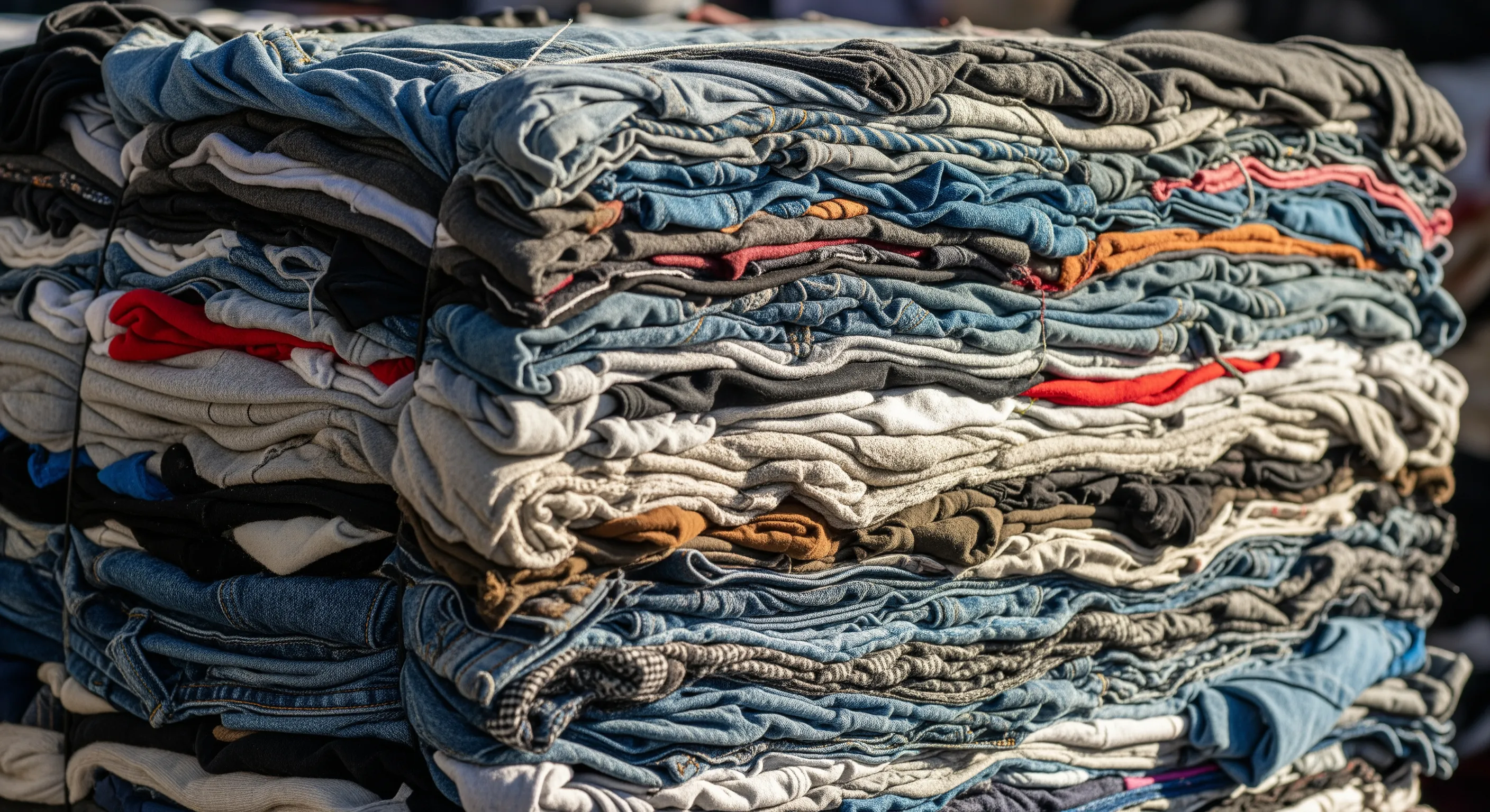 Detailed close-up of fabric textures in a tightly packed bale of second-hand clothes
