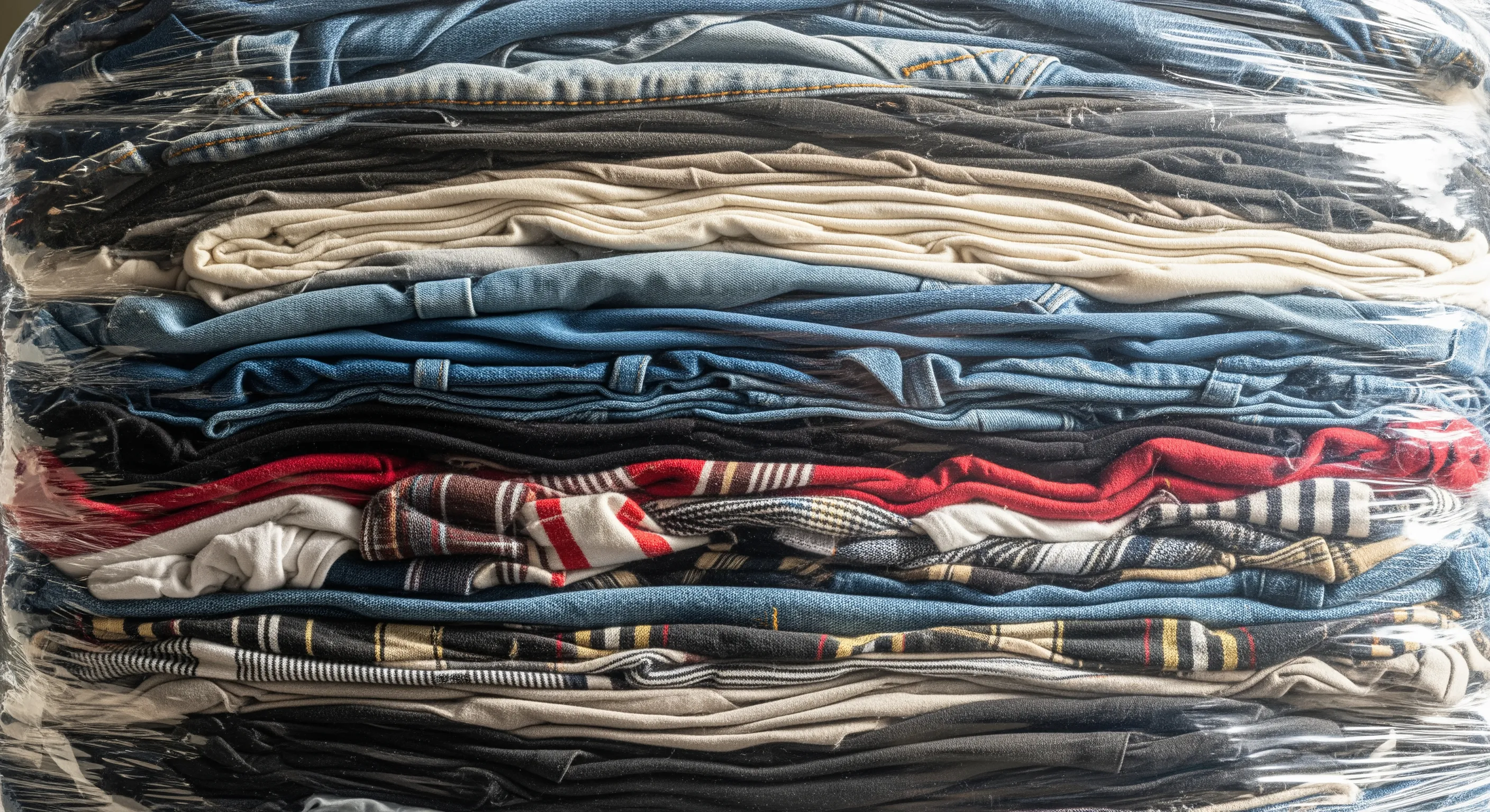 Close-up of tightly packed fabrics inside a plastic-wrapped bale of second hand clothing in a warehouse