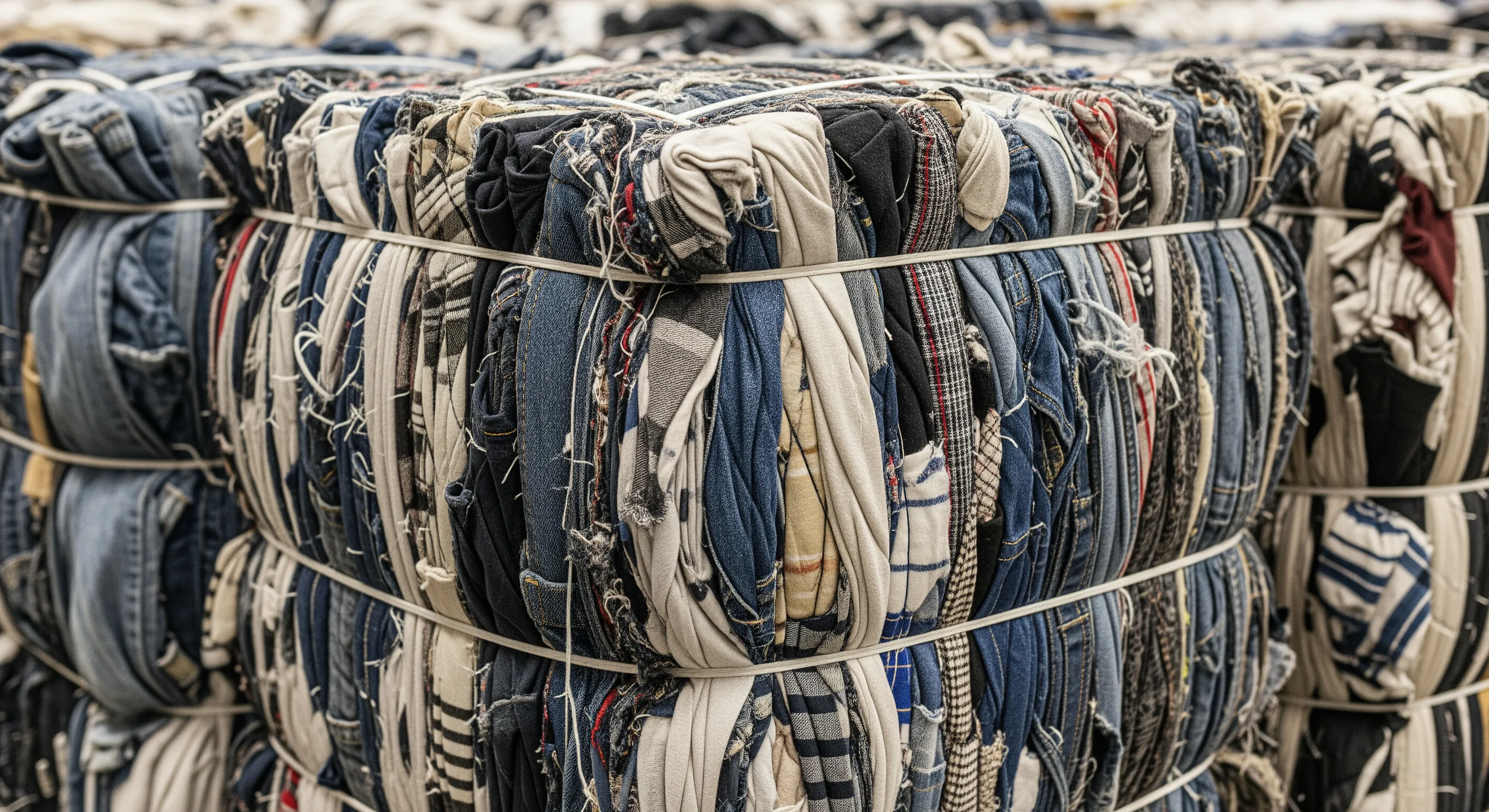 Close-up of compressed bales of mixed fabric and clothes with industrial packing straps in a warehouse