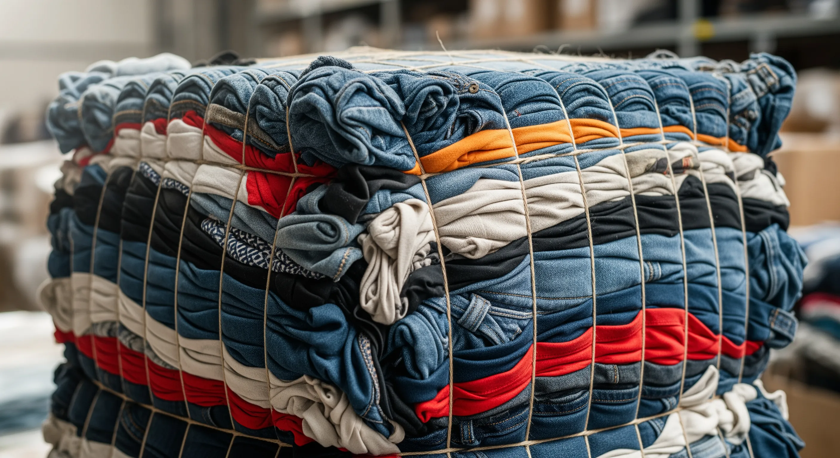 Close-up of a single large bale of second-hand clothing tightly compressed and bound, highlighting bulk stock texture in a warehouse setting.
