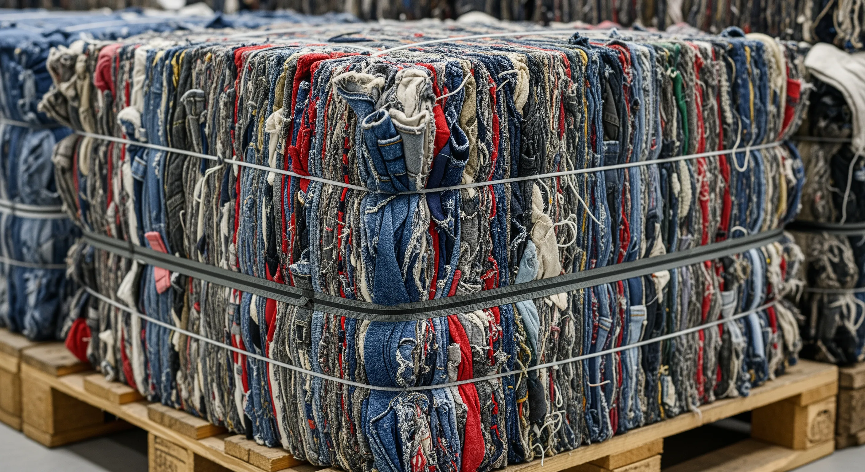 Close-up of tightly packed bales of second hand clothes secured with straps on pallets in a neat warehouse