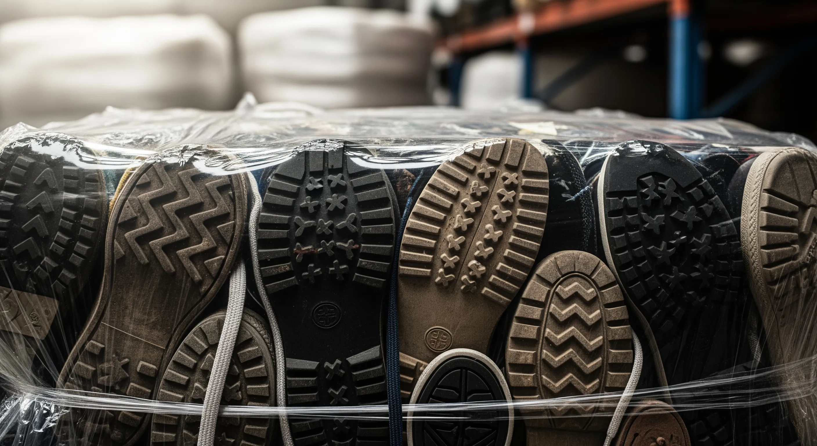 Close-up of compressed bale displaying various shoes inside clear wrapping in an organized storage setting