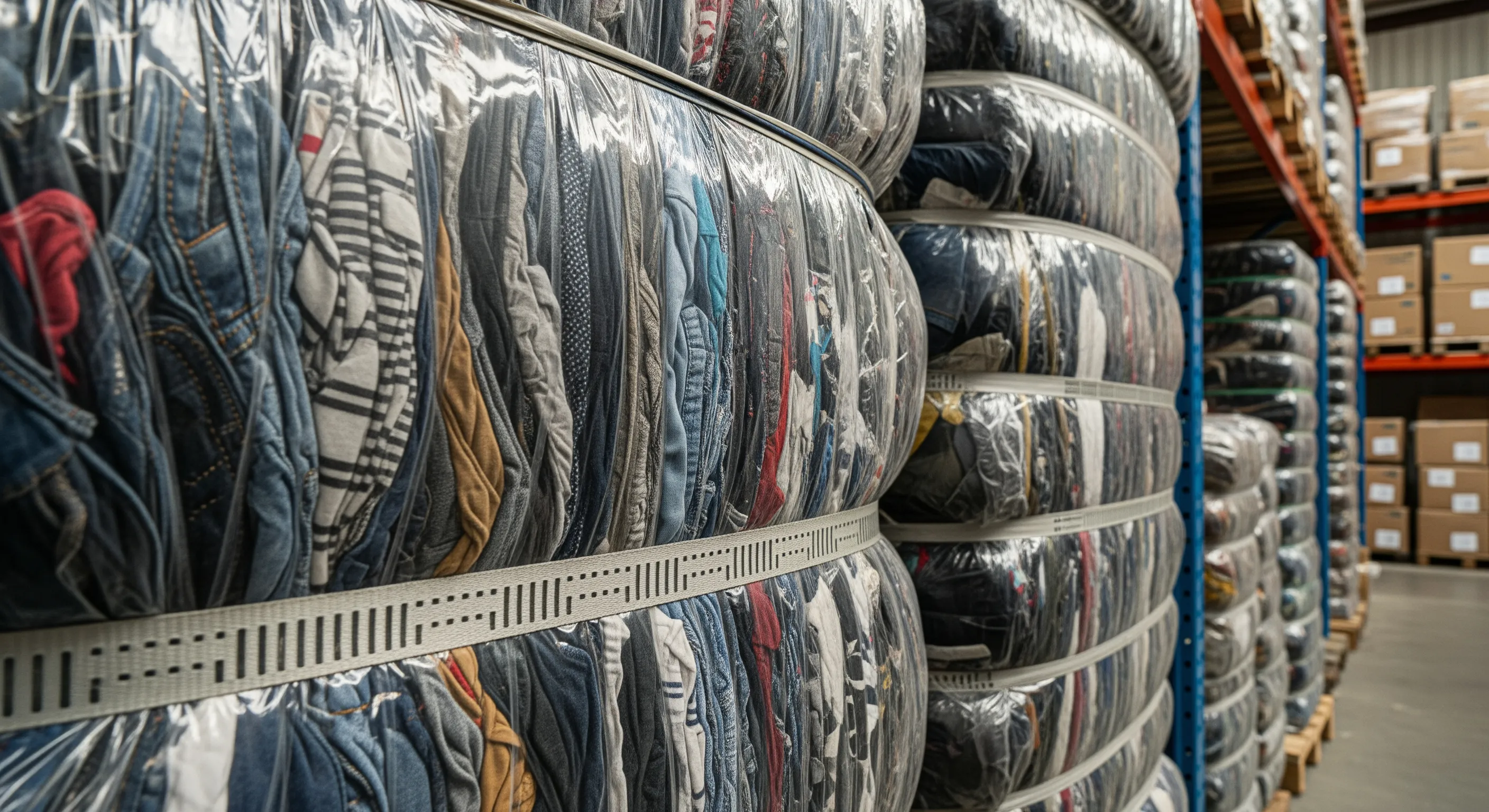 Close-up of detailed compressed bales showing various fabrics inside straps in a bright warehouse setting of used clothes wholesale UK.