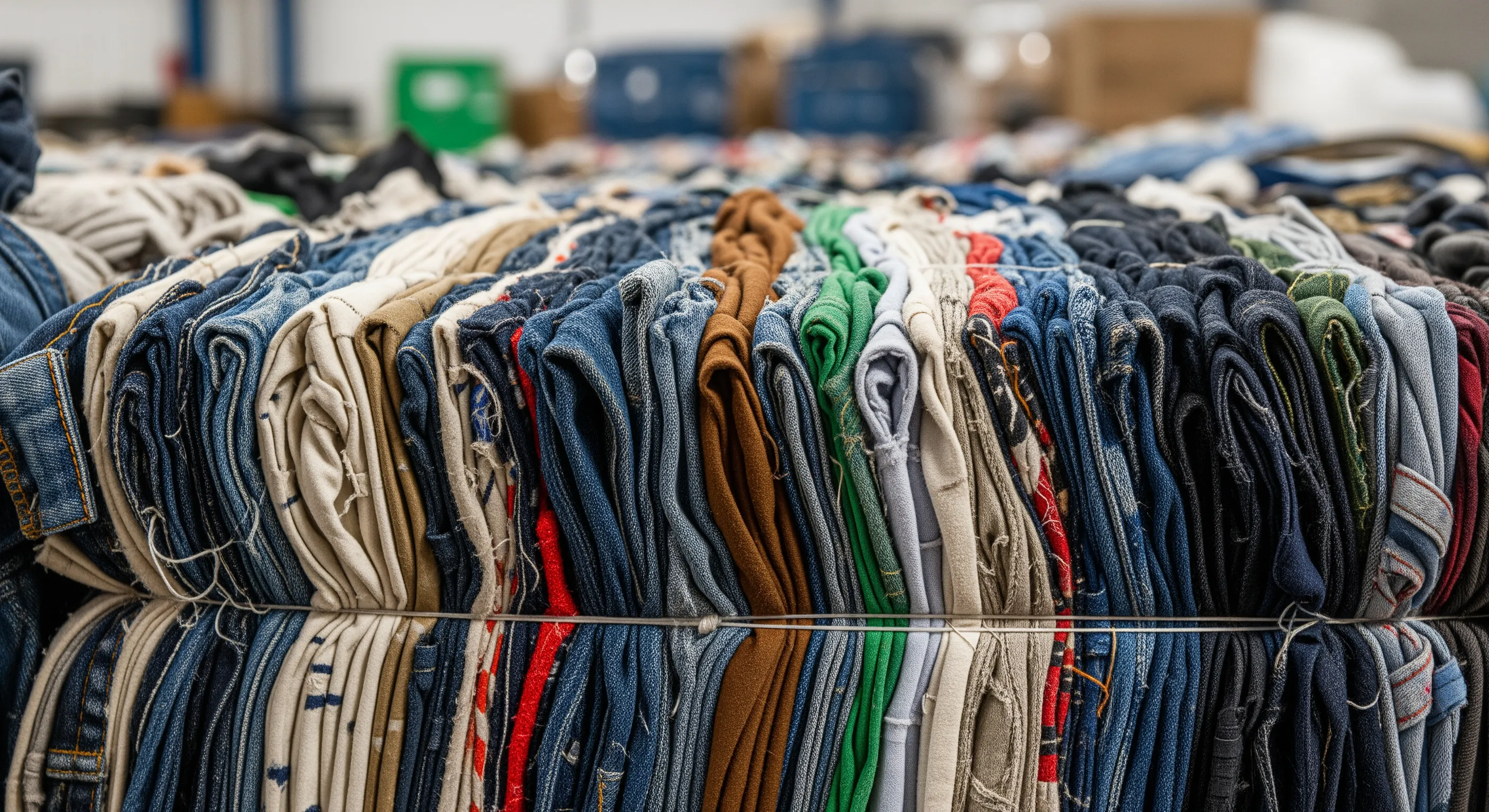 Close-up of tightly compressed fabric bundles within a large bale of wholesale second-hand clothing