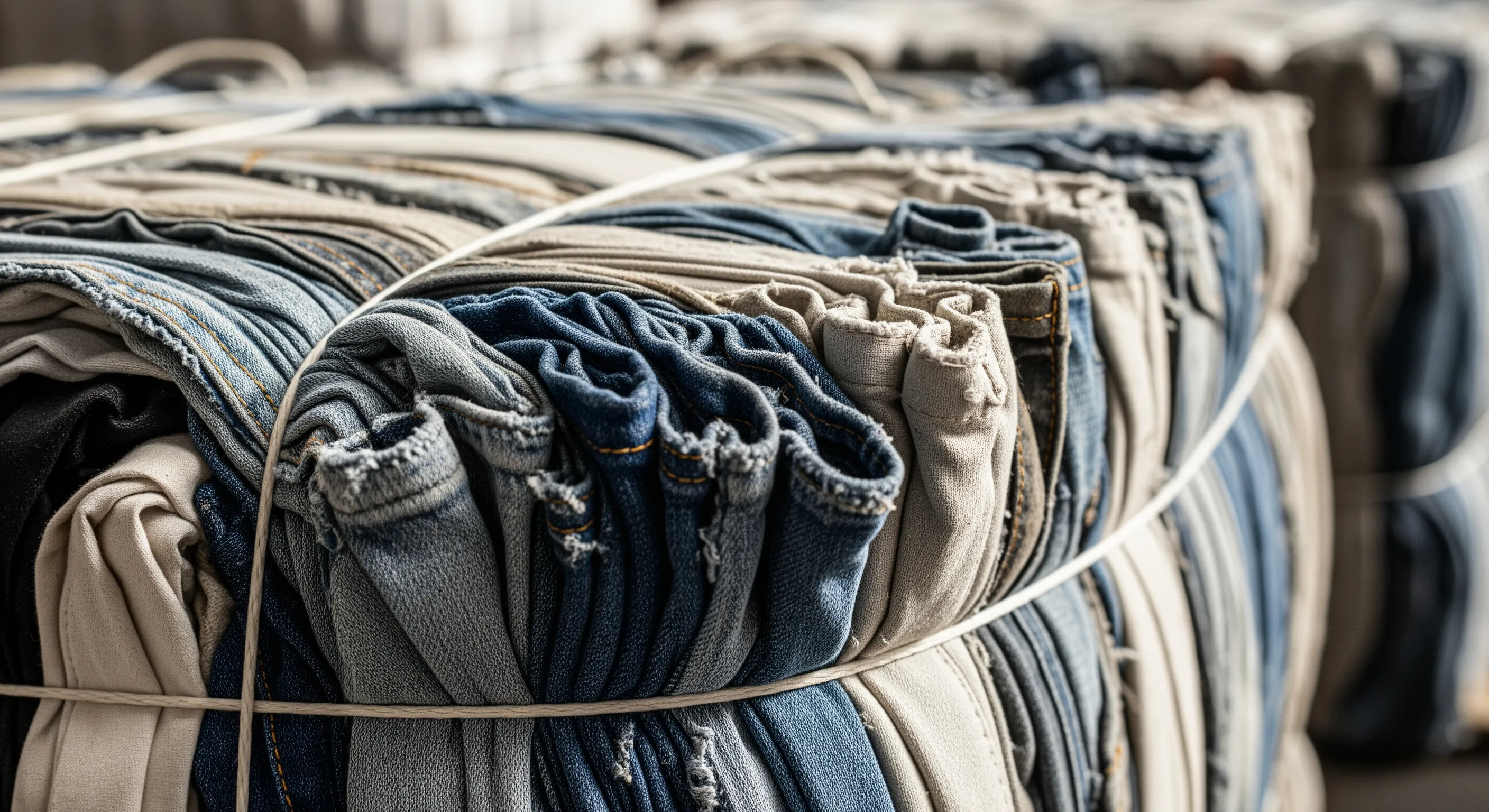 Close-up of textured fabric on tightly wrapped bales of bulk second-hand clothing showing material details in sharp focus