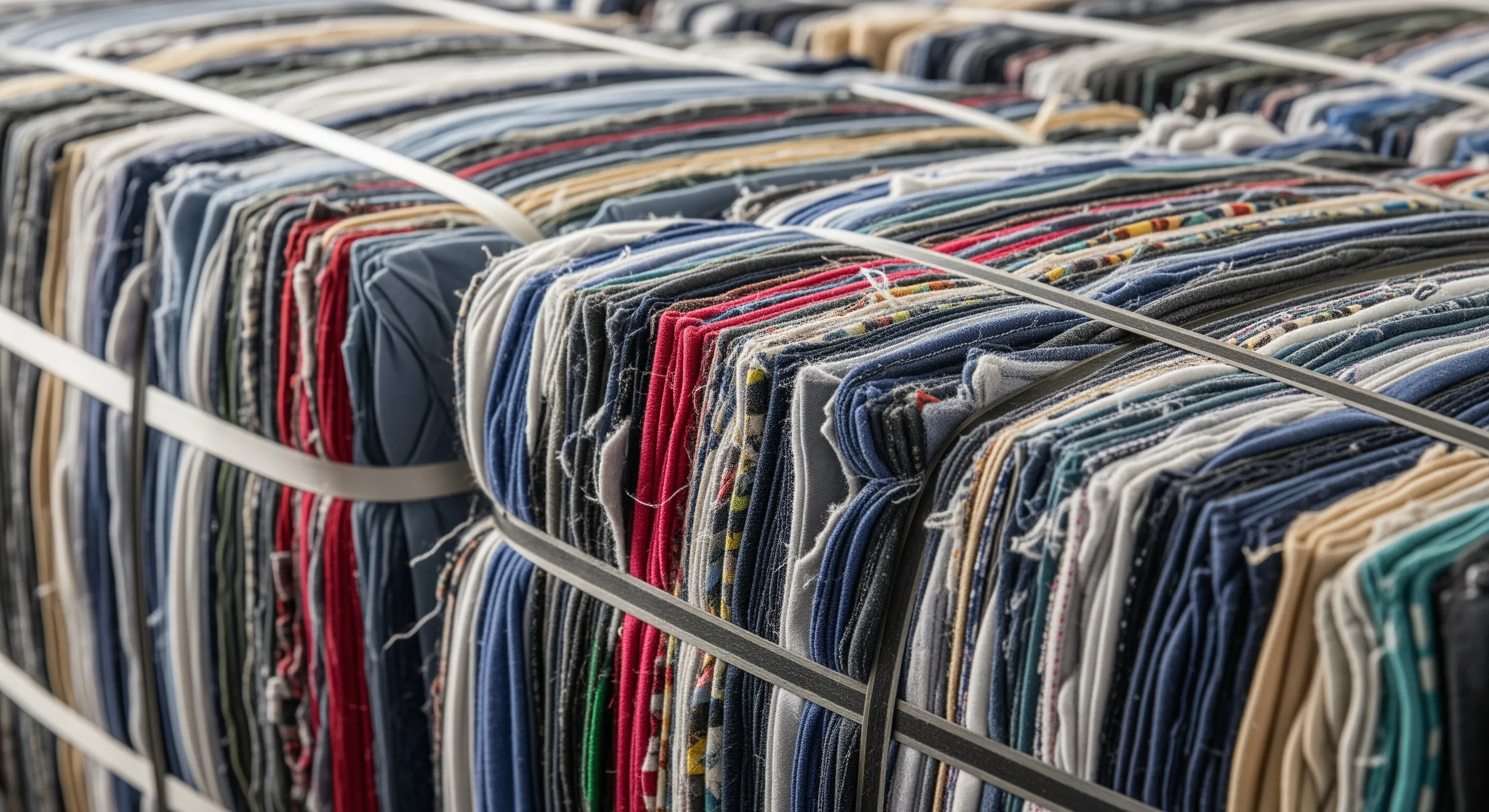 Close-up of compressed bales of second-hand clothing showing fabric textures and binding straps