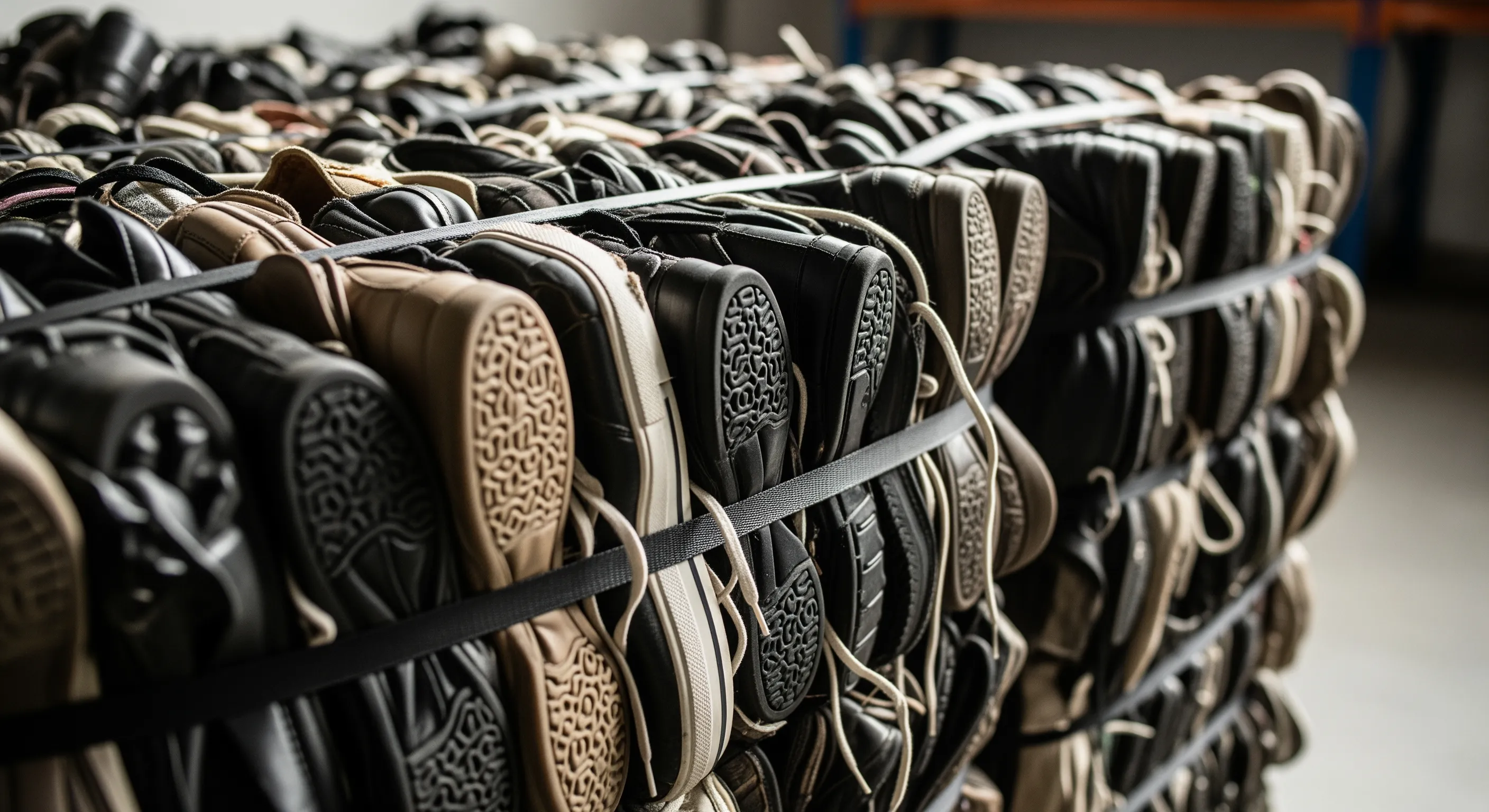 Close-up of a compressed bale showcasing assorted used shoes tightly bundled in straps in a warehouse