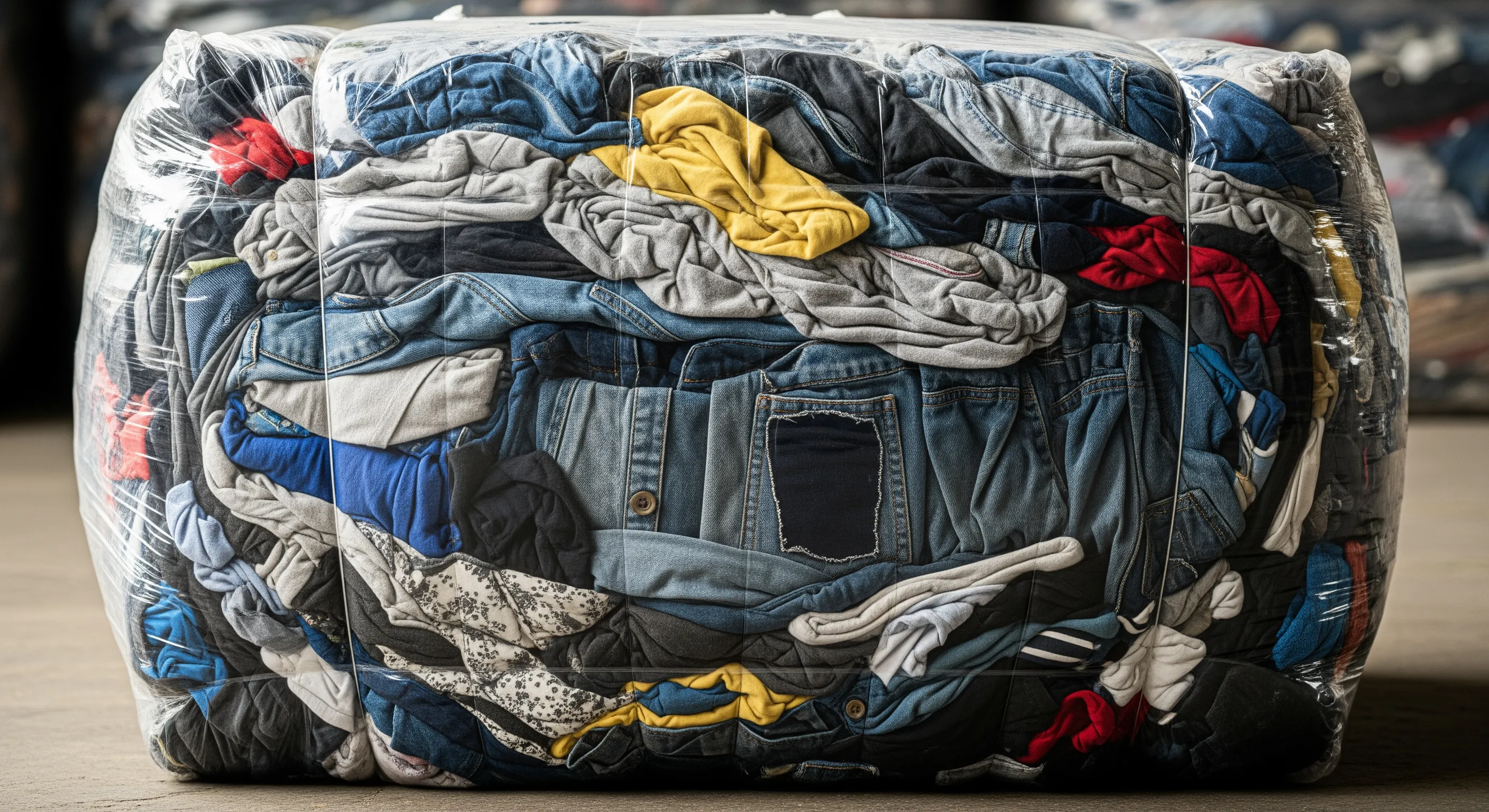 Close-up of a tightly wrapped bale containing mixed used garments, showing fabric textures and compression in a wholesale clothing warehouse.