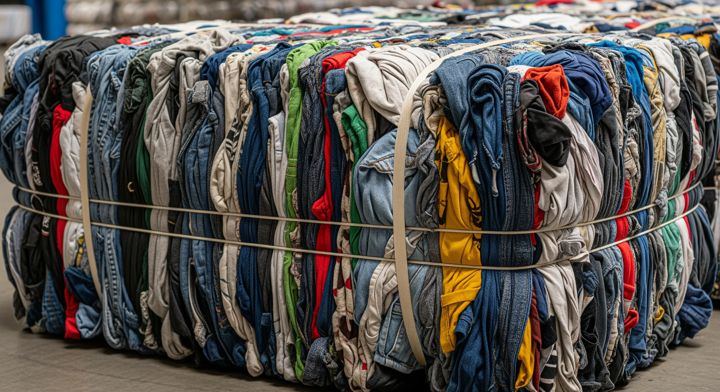 Close-up of a human-scale bale of multi-colored used clothing tied with strong straps on a concrete warehouse floor