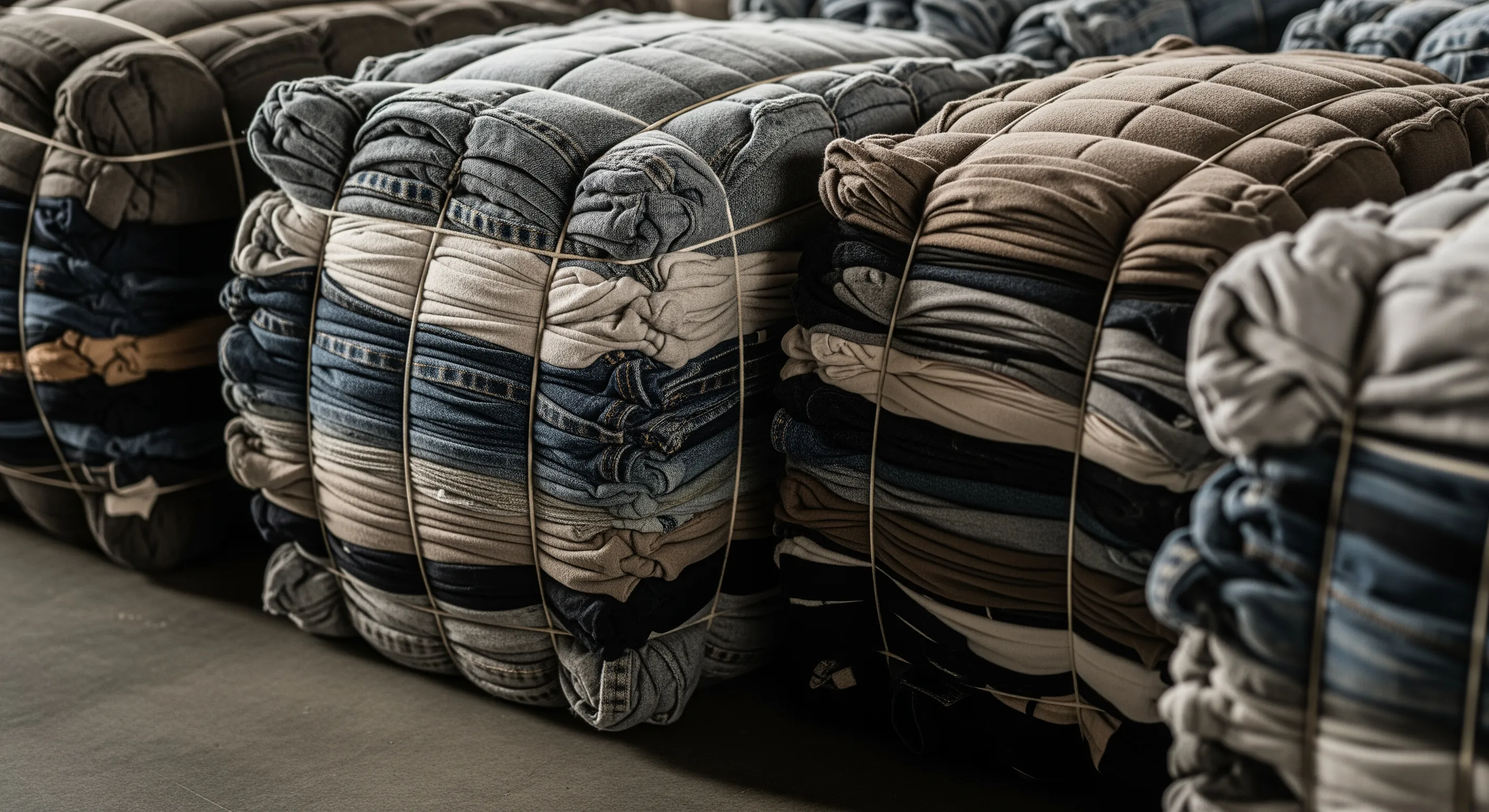 Close-up of bundled wholesale clothing bales showing textured fabric layers in an industrial setting