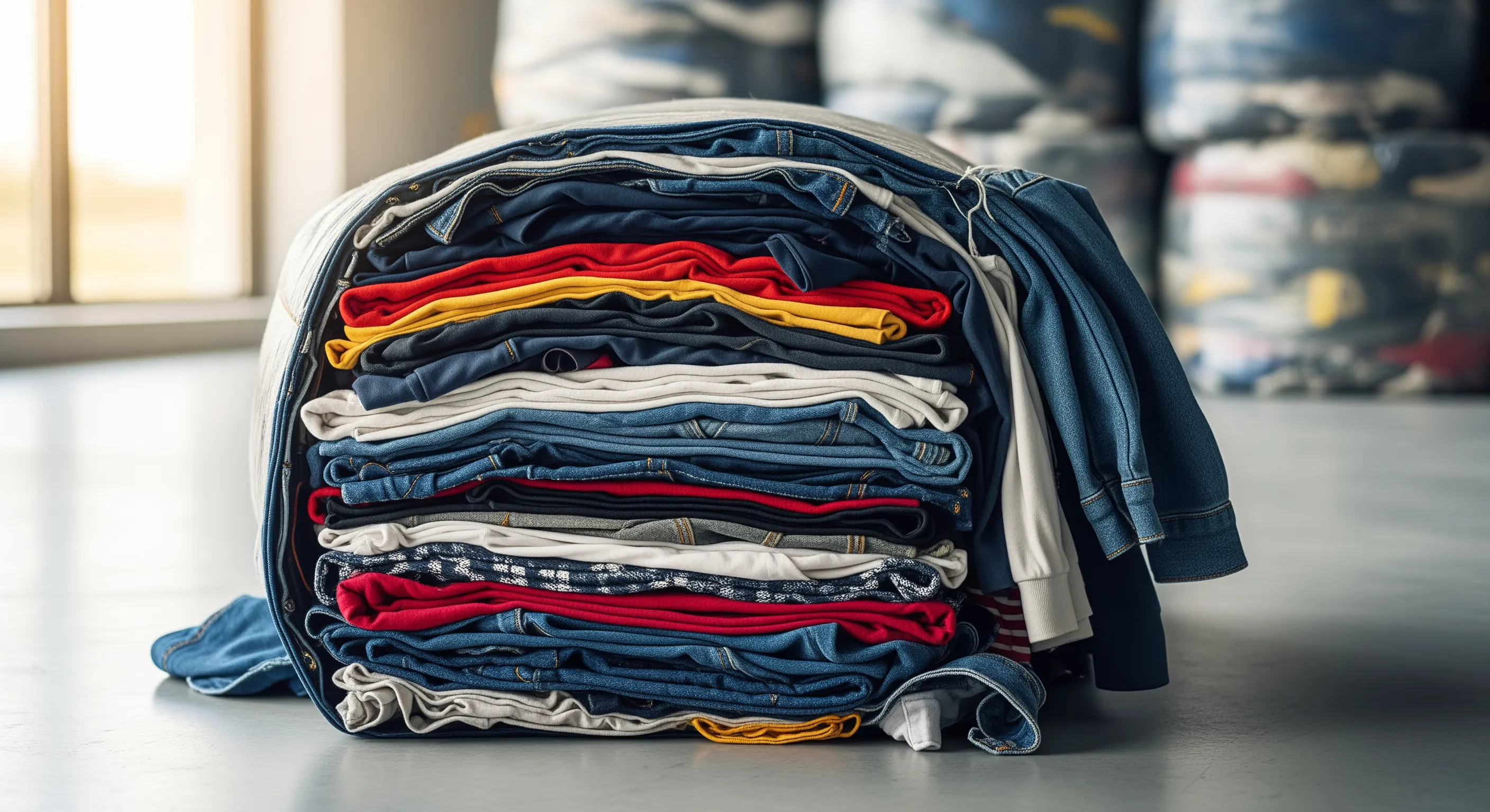 Detailed close-up of an open bale revealing layers of folded second-hand garments inside a neat warehouse environment