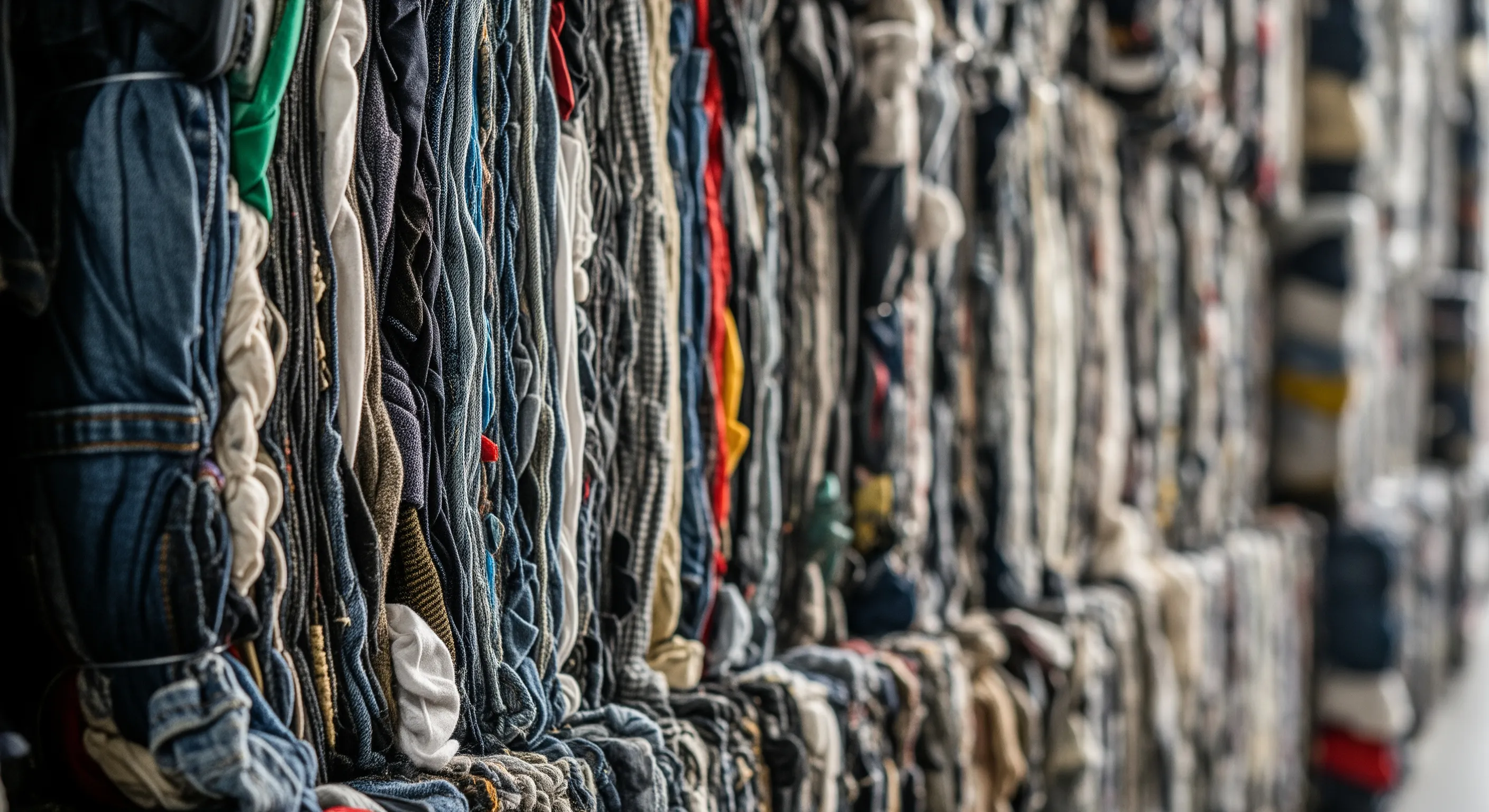 Close-up of compressed fabric textures on a bale of used clothing in a high-ceiling warehouse
