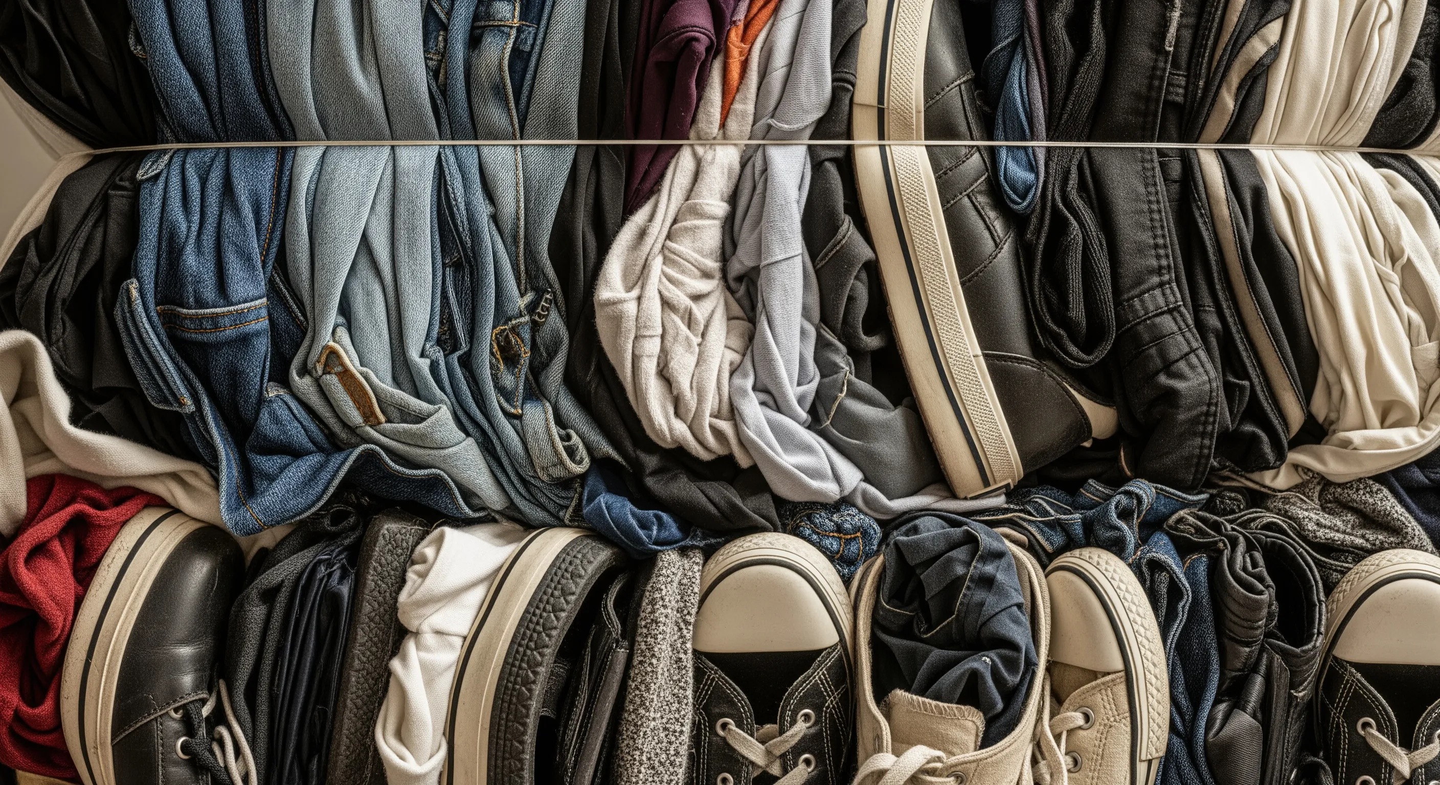 Close-up view of a compressed bale showing detailed fabric and shoe materials, representing quality second hand clothes and shoes wholesale