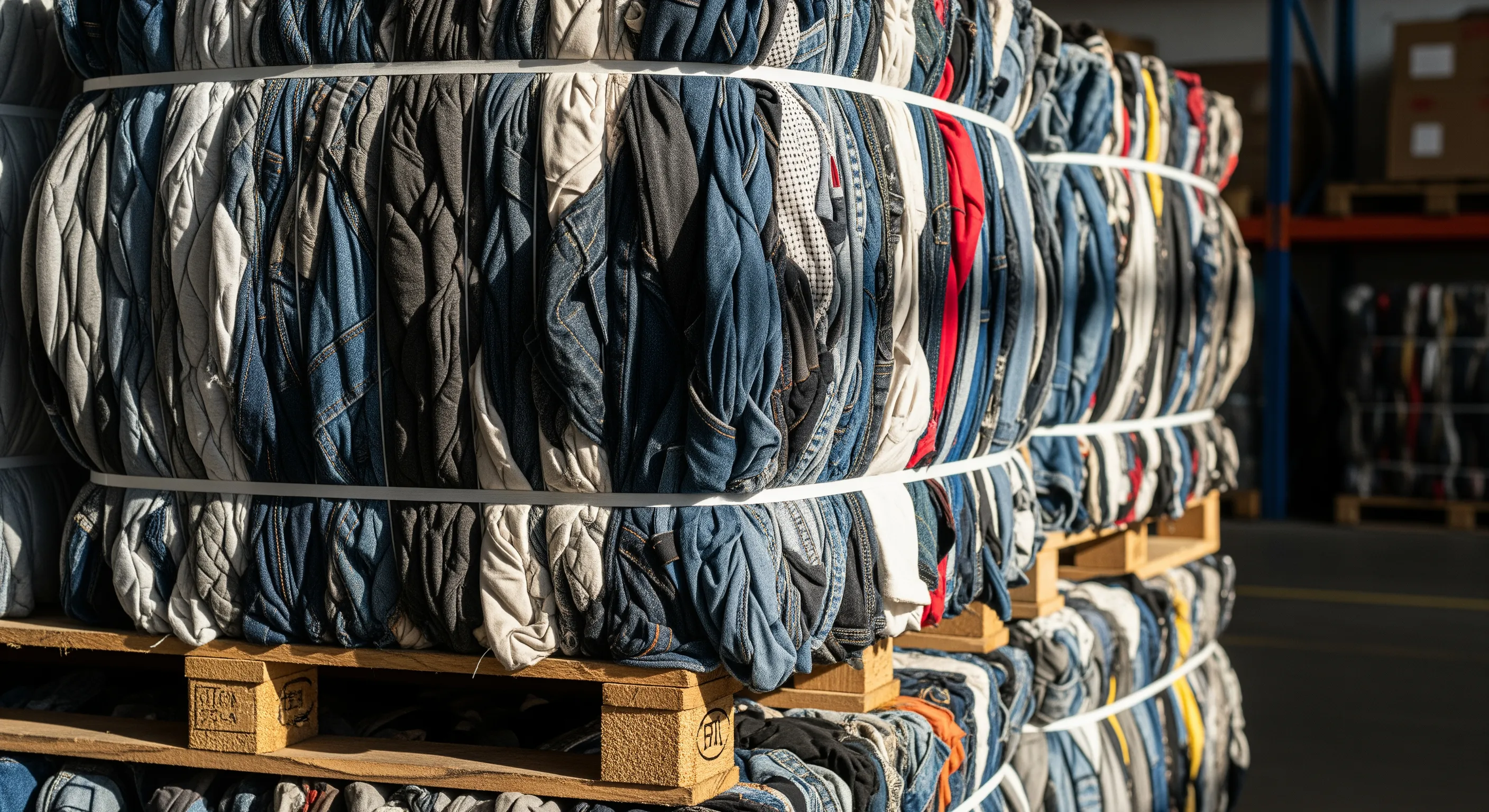 Close-up of compressed bales tightly bound with straps showing fabric textures and bulk used clothing