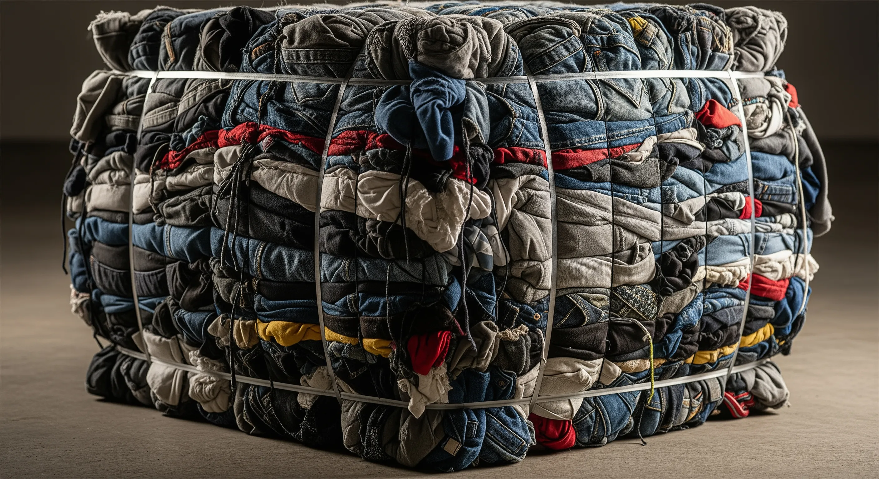Close-up of a single large bale of second-hand clothing tightly wrapped and stacked in a warehouse
