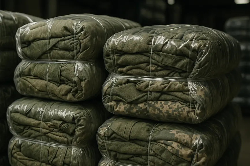 Close-up of compressed bales wrapped in plastic showing textures of used military fabric, warehouse background blurred.