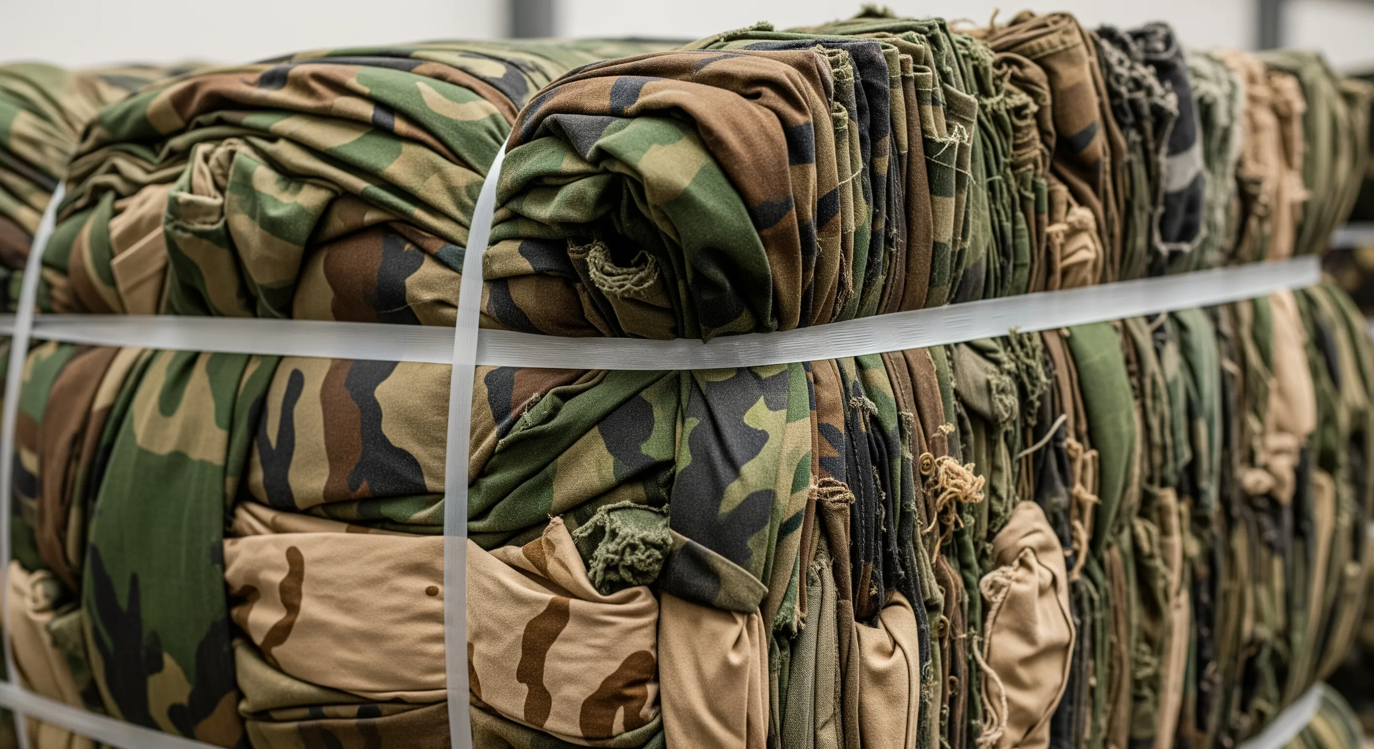 Close-up detail of tightly compressed bale showing textures of used military clothing in a well-lit warehouse environment.
