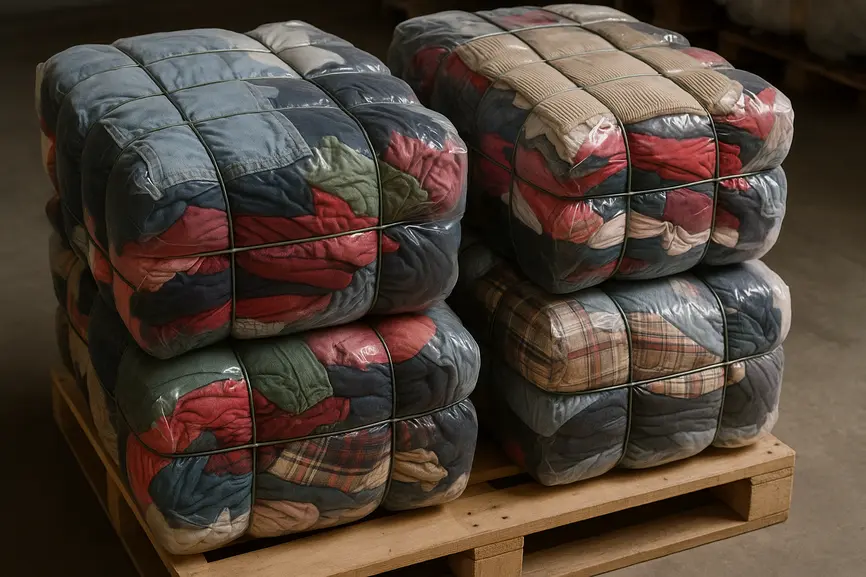 Close-up of compressed bales of used clothing wrapped in baling wire and plastic in a warehouse.