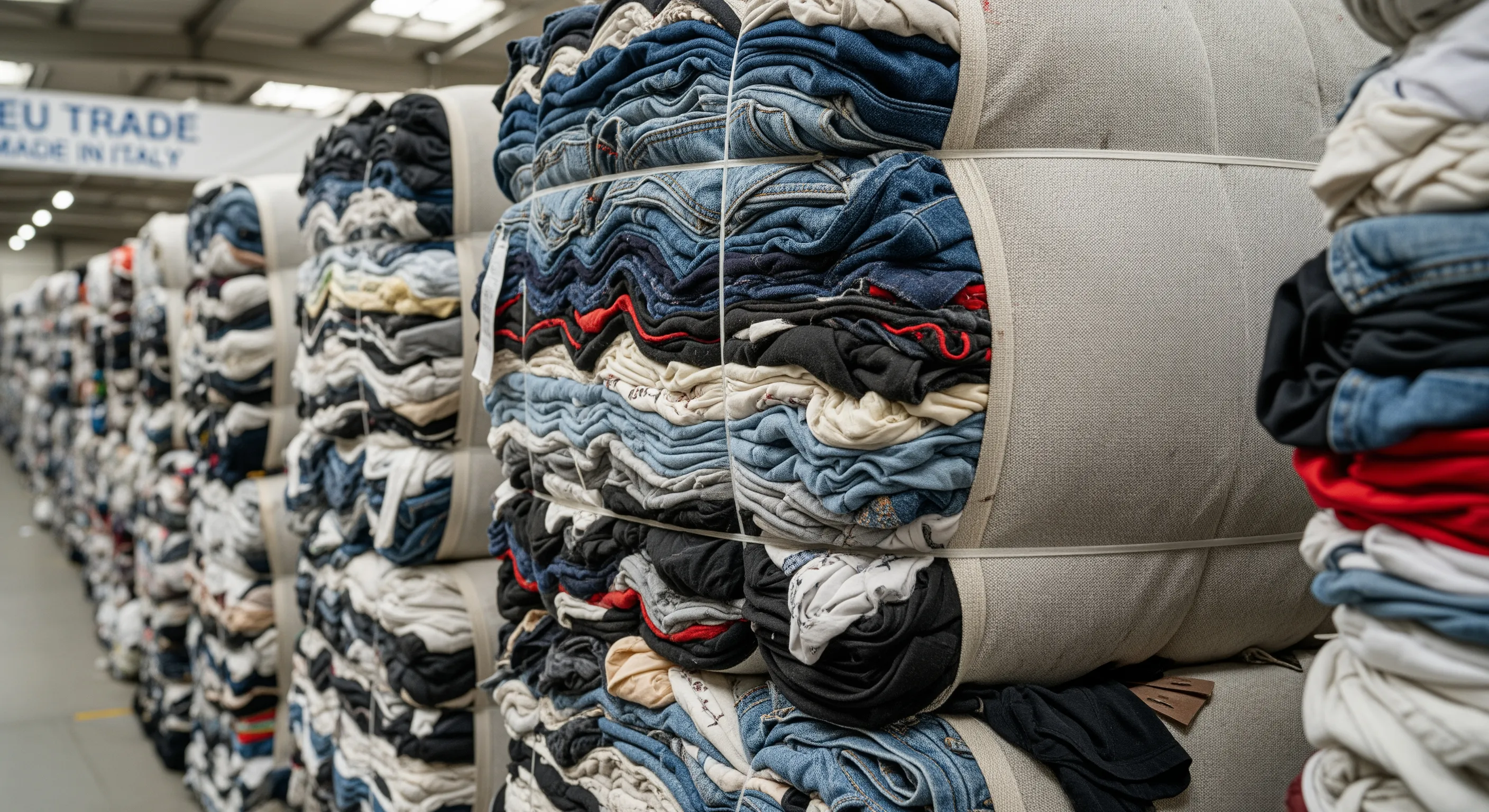 Close-up of fabric texture on large compressed bales of second-hand clothing in a clean warehouse setting