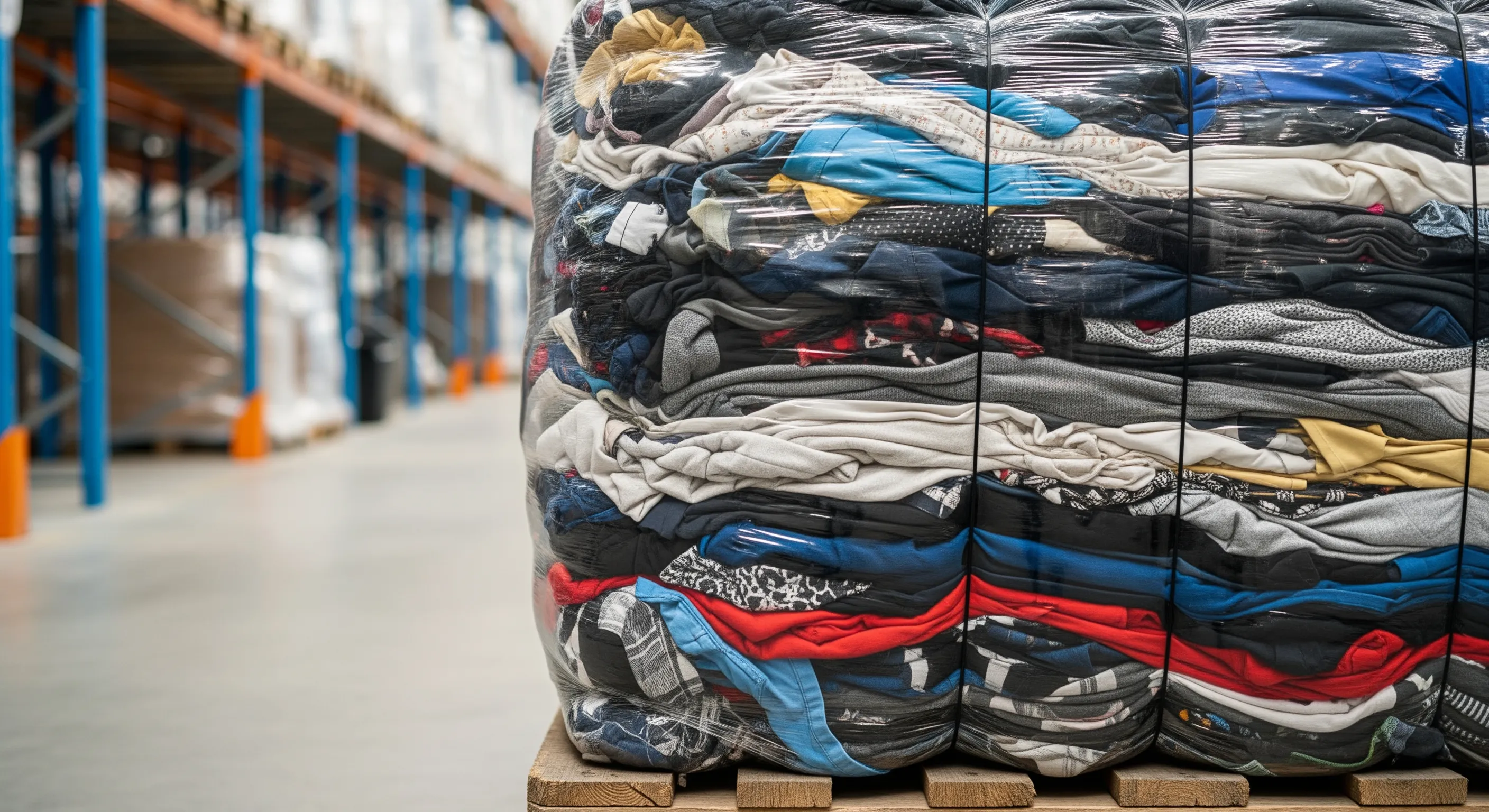Close detailed side view of a tall bale of compressed second-hand clothing on pallet in a Milan warehouse