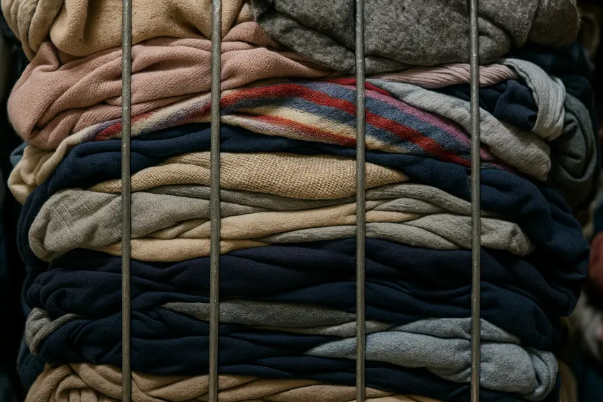 Close-up of tightly bound second-hand clothing bale showing fabric textures and stock quality in a clean warehouse.